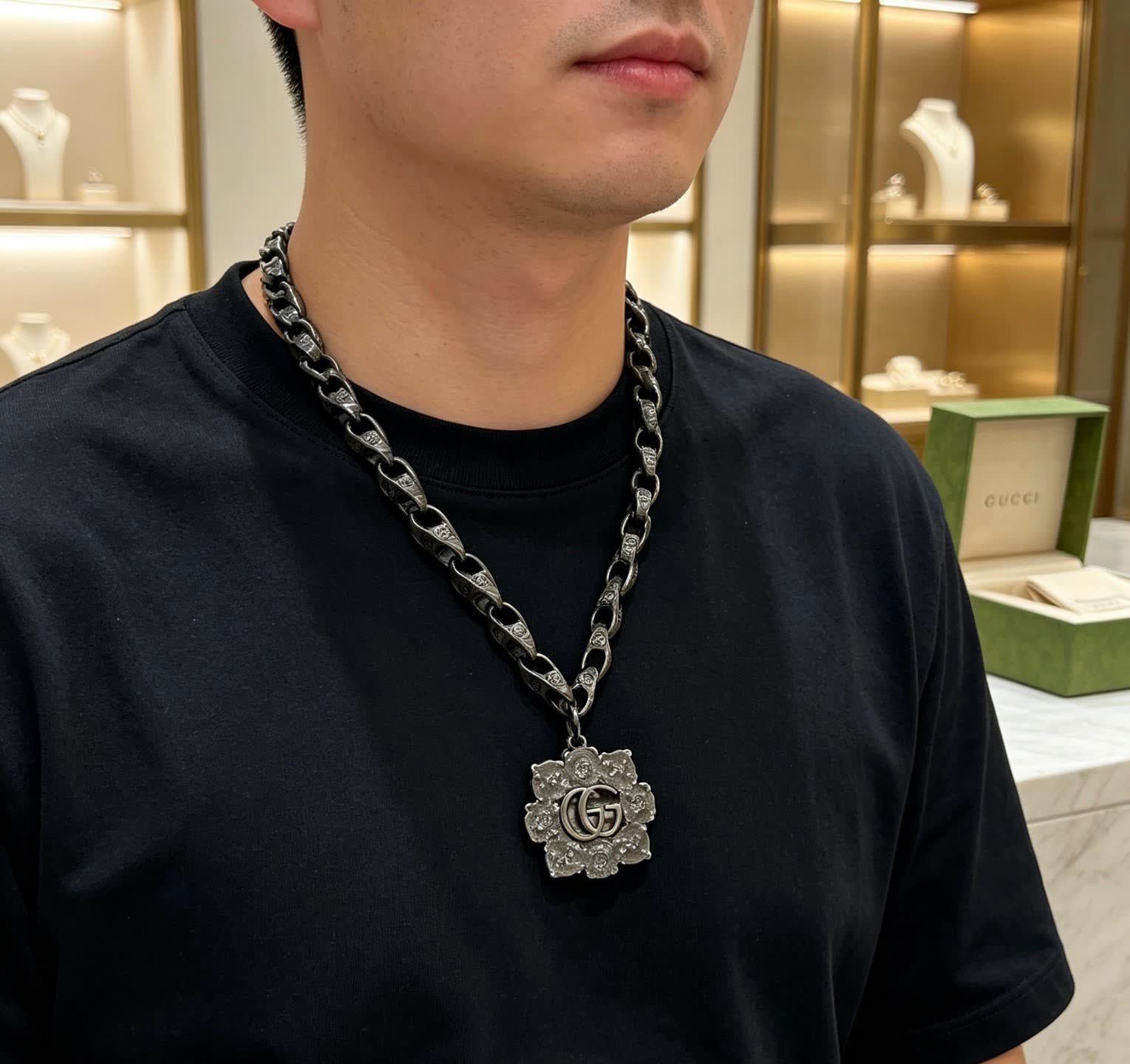 Gucci Silver Tone Chain Necklace with Interlocking G Pendant