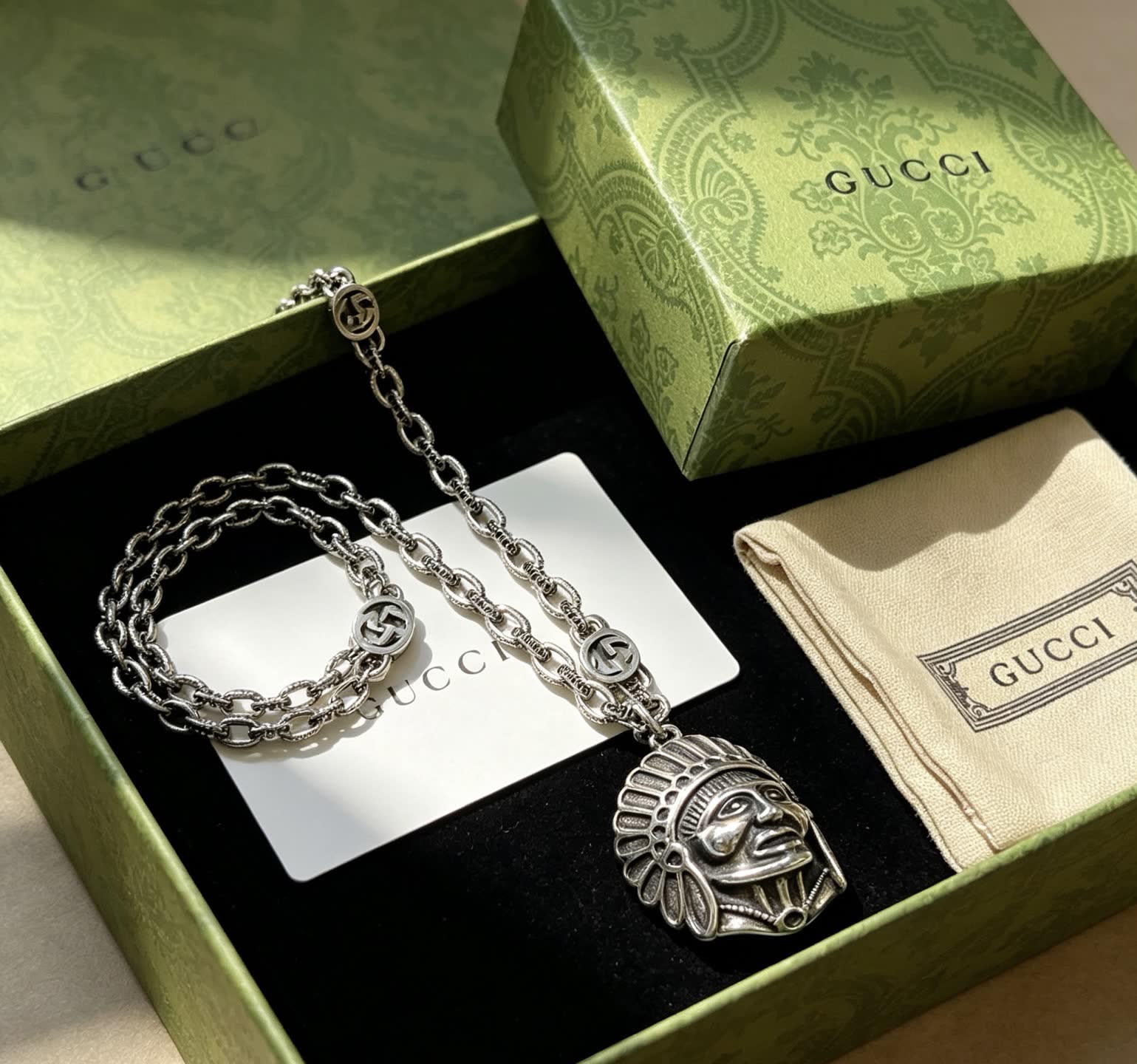 Gucci Silver Chain with Indian Head Pendant