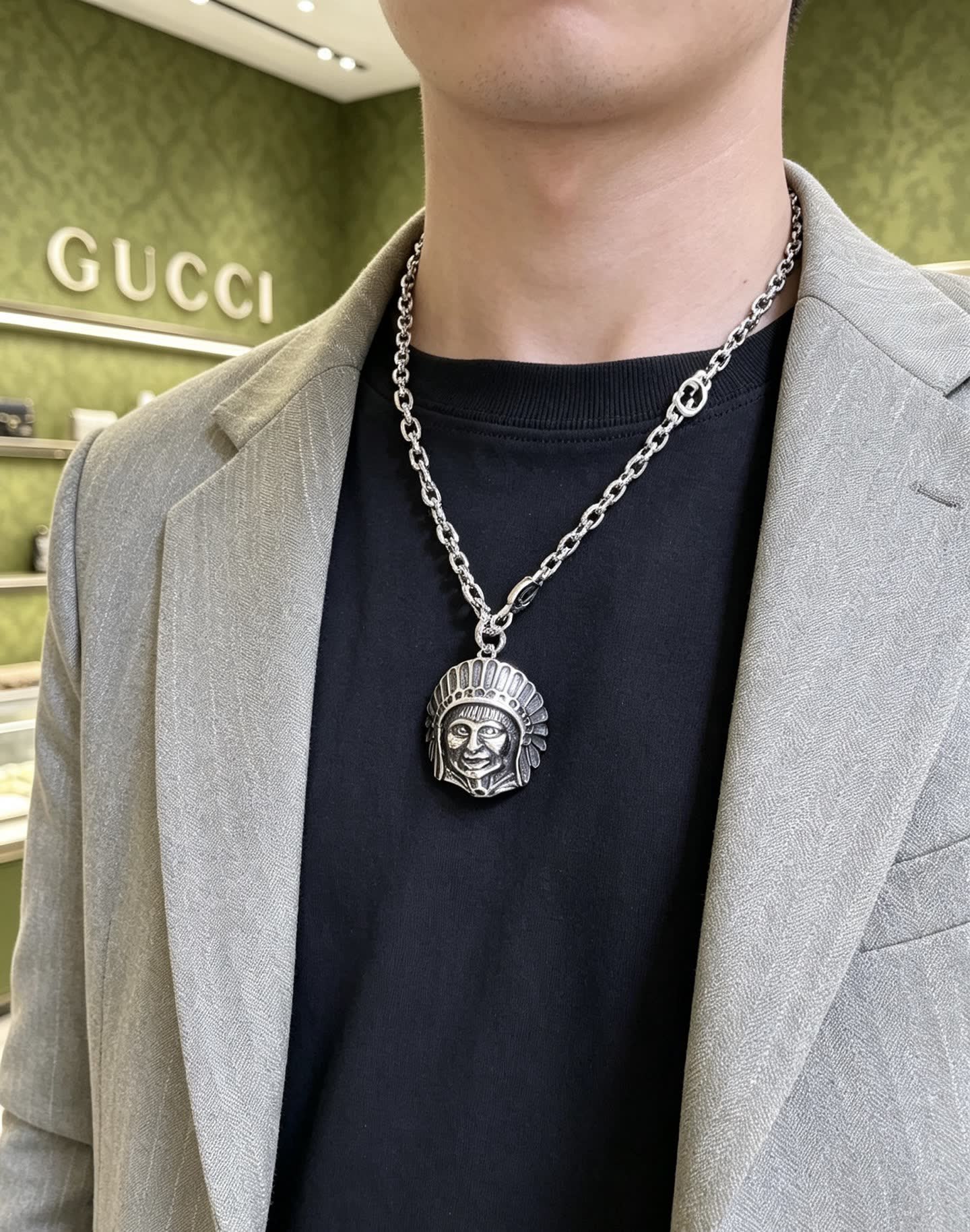 Gucci Silver Chain with Indian Head Pendant