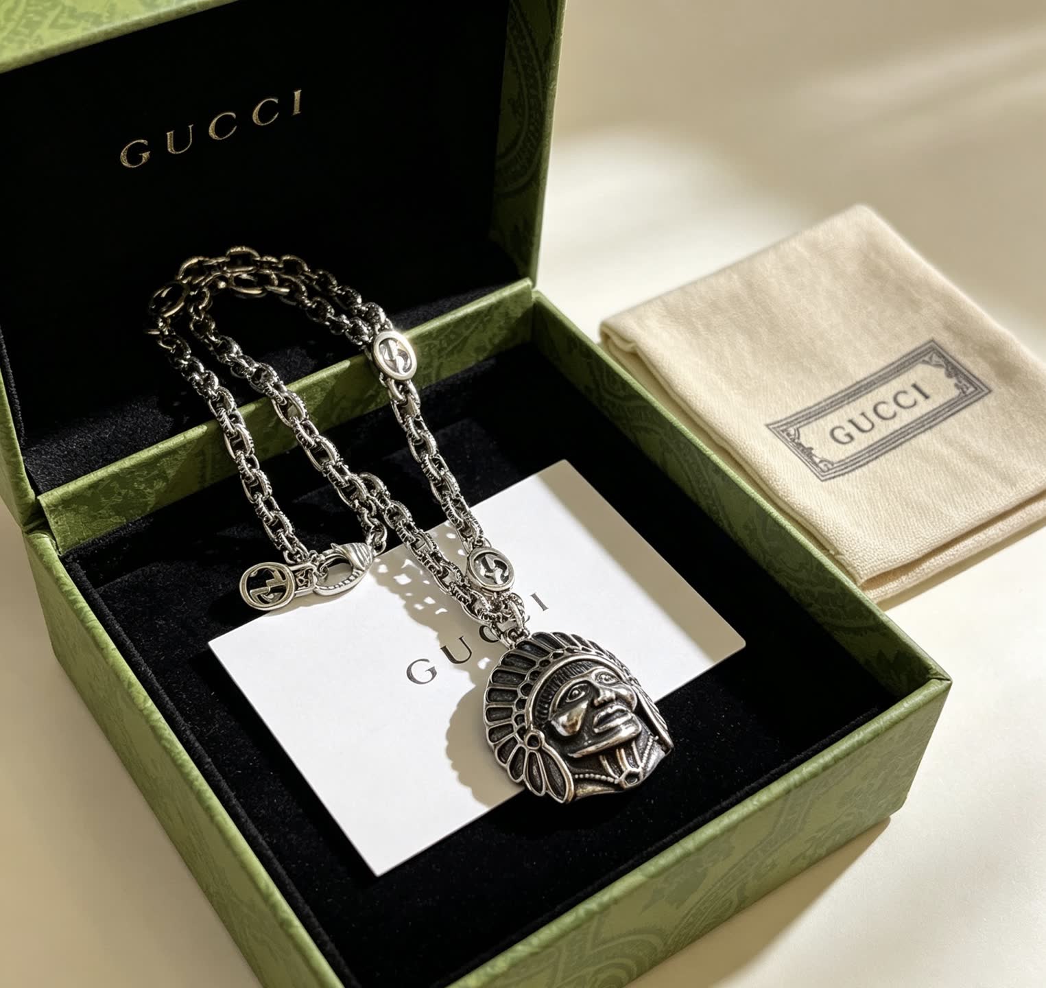 Gucci Silver Chain with Indian Head Pendant