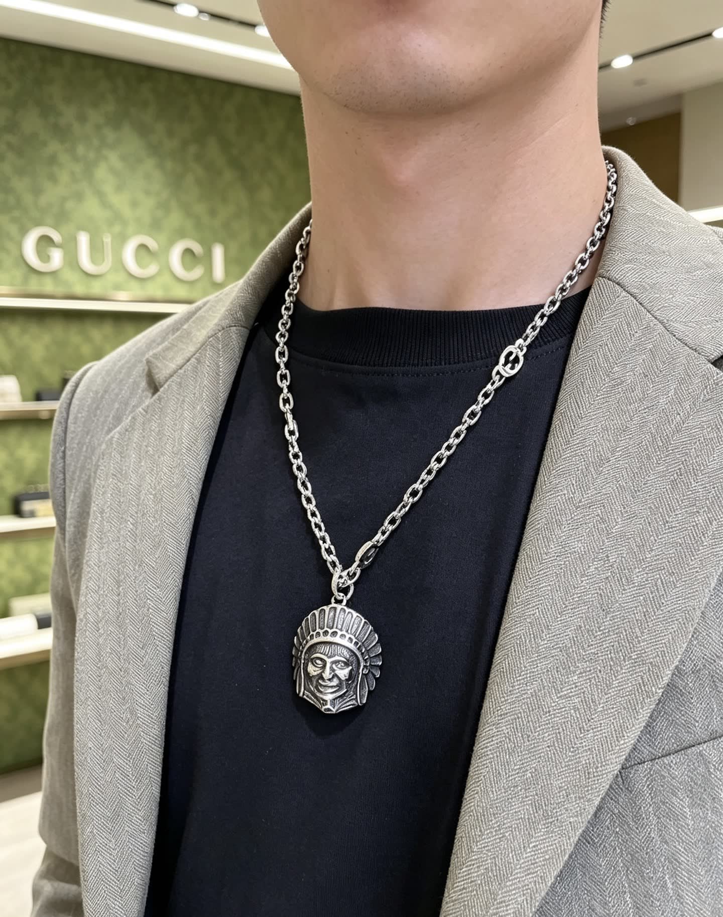 Gucci Silver Chain with Indian Head Pendant