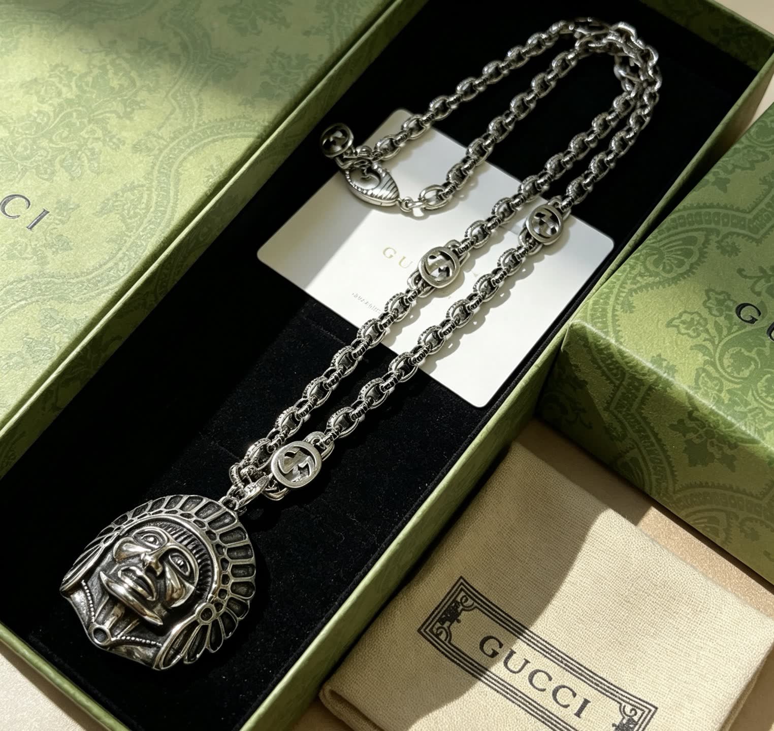 Gucci Silver Chain with Indian Head Pendant