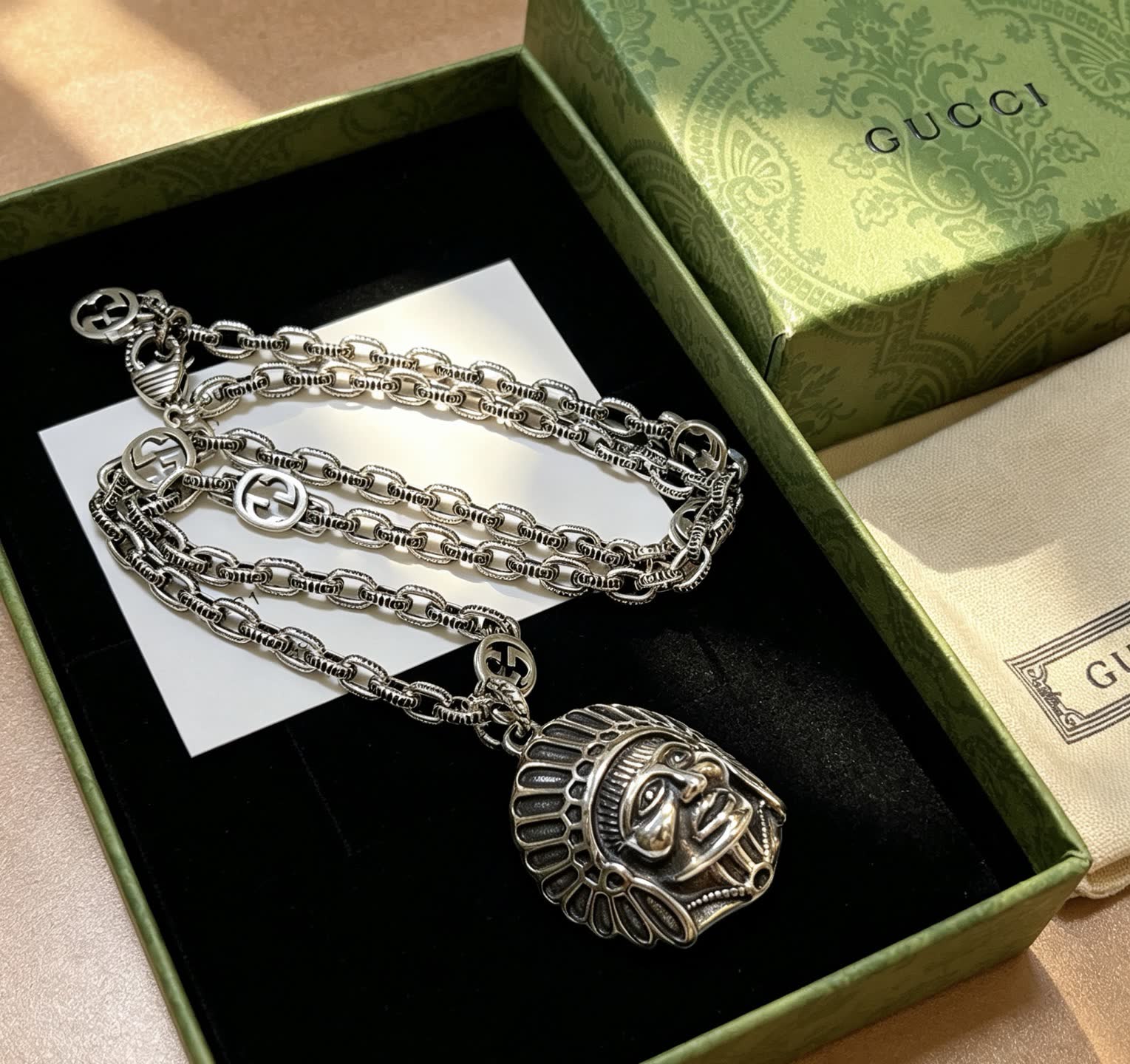 Gucci Silver Chain with Indian Head Pendant