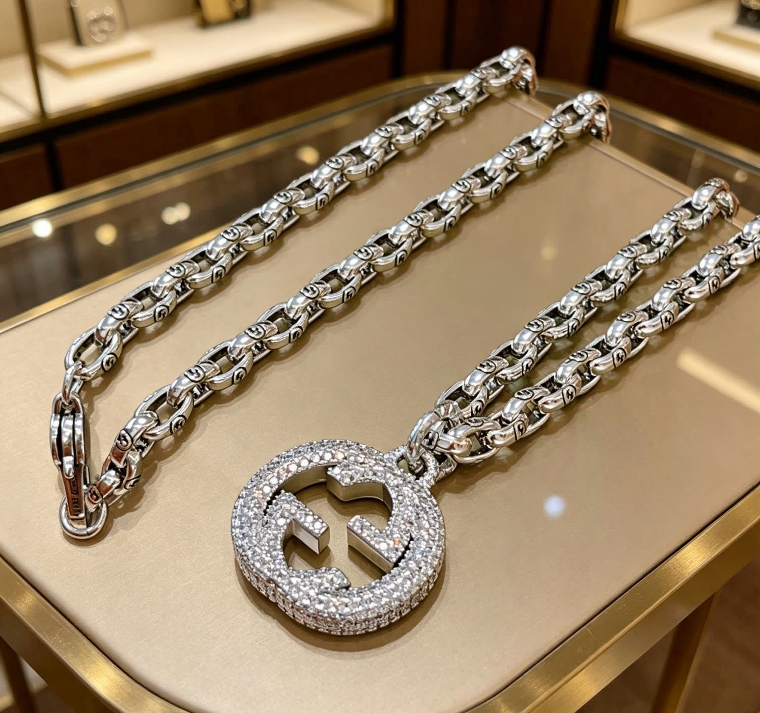 Gucci Silver Chain with Crystal-Embellished Logo Pendant