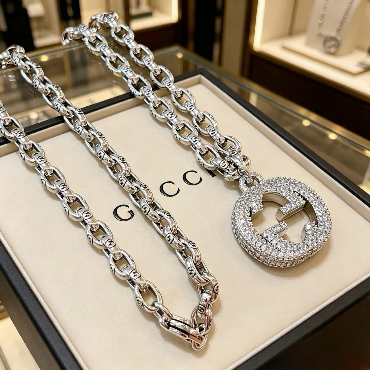 Gucci Silver Chain with Crystal-Embellished Logo Pendant