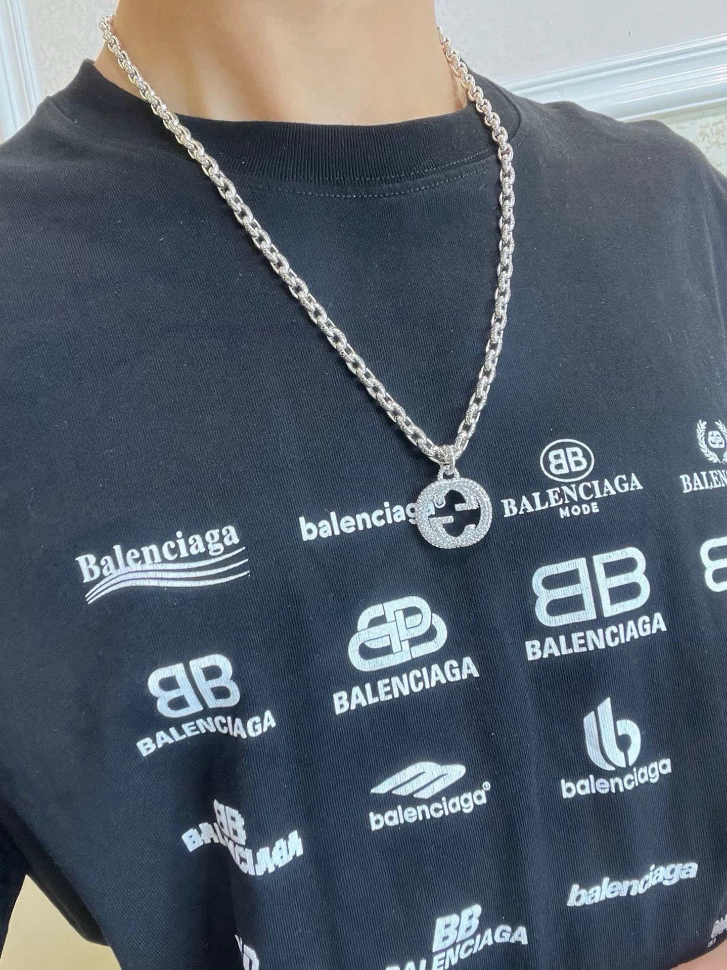 Gucci Silver Chain with Crystal-Embellished Logo Pendant
