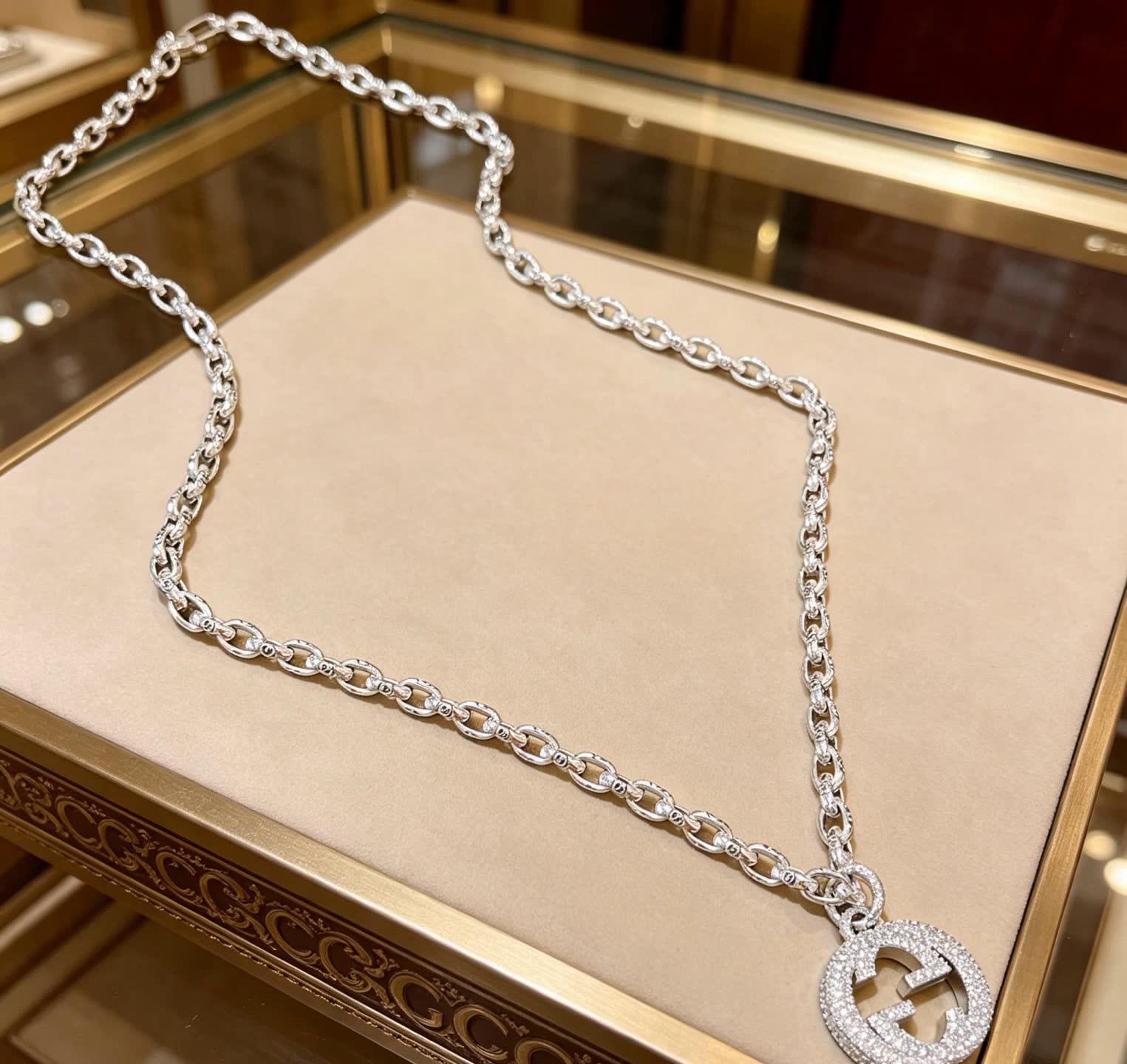 Gucci Silver Chain with Crystal-Embellished Logo Pendant
