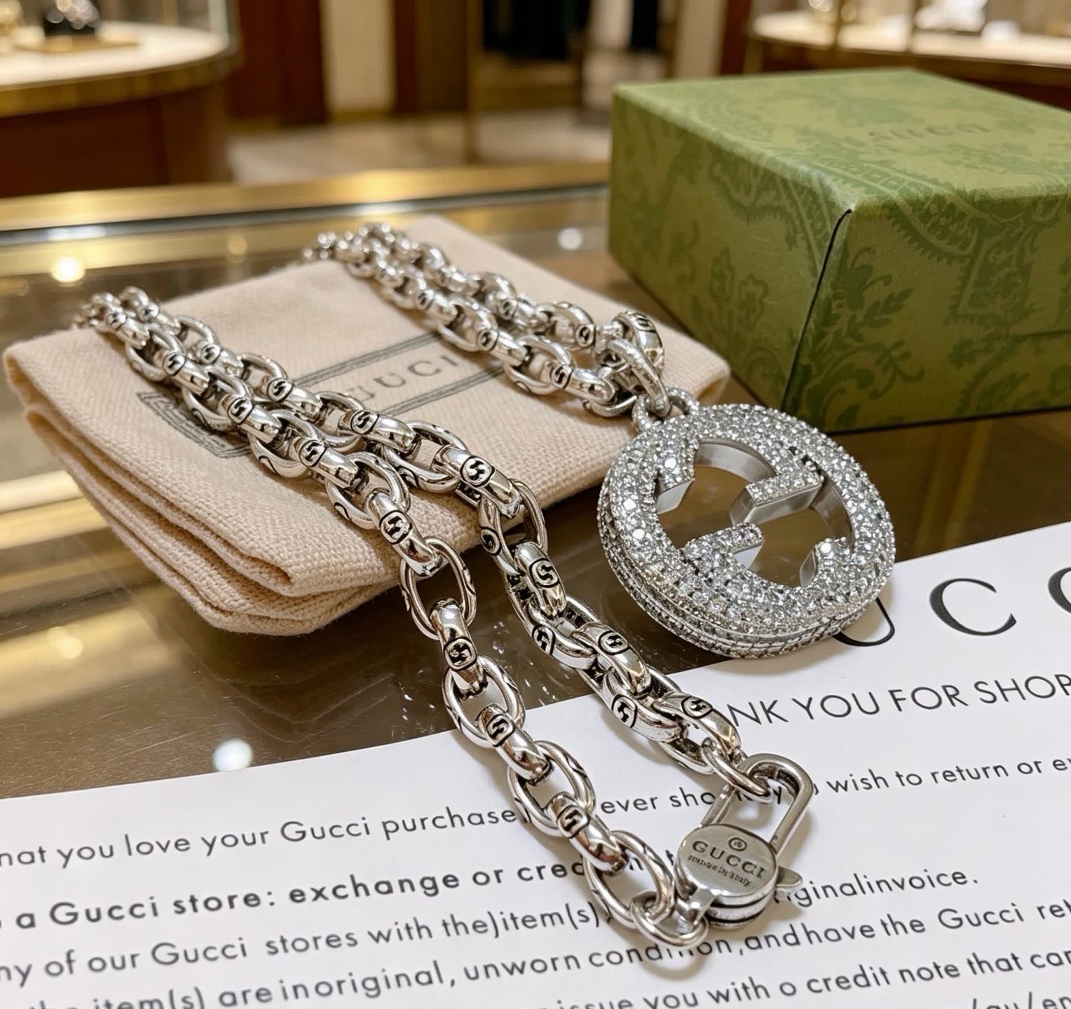 Gucci Silver Chain with Crystal-Embellished Logo Pendant