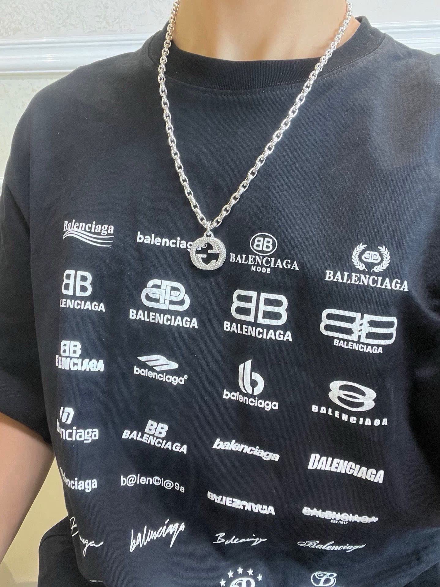 Gucci Silver Chain with Crystal-Embellished Logo Pendant
