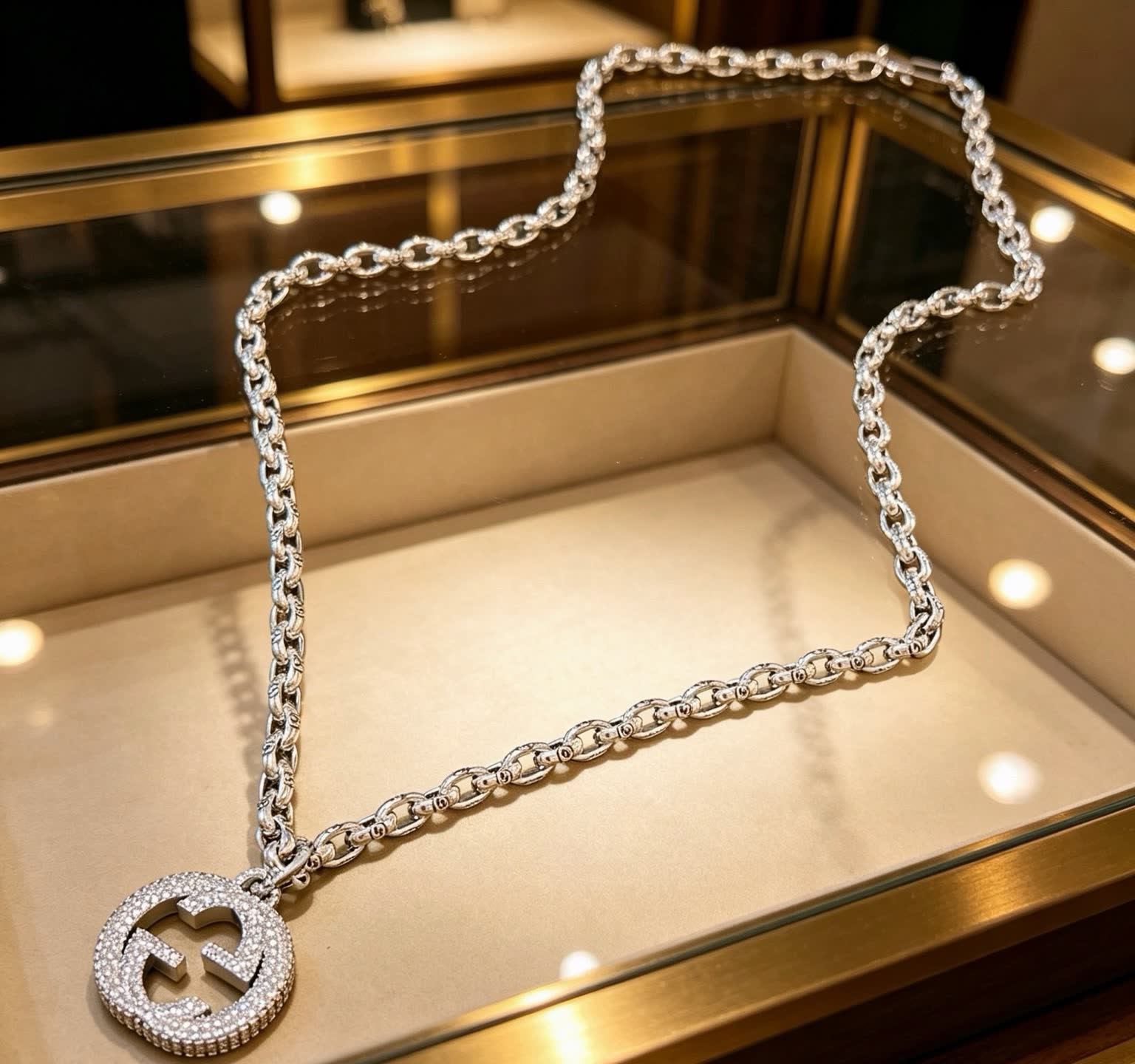 Gucci Silver Chain with Crystal-Embellished Logo Pendant