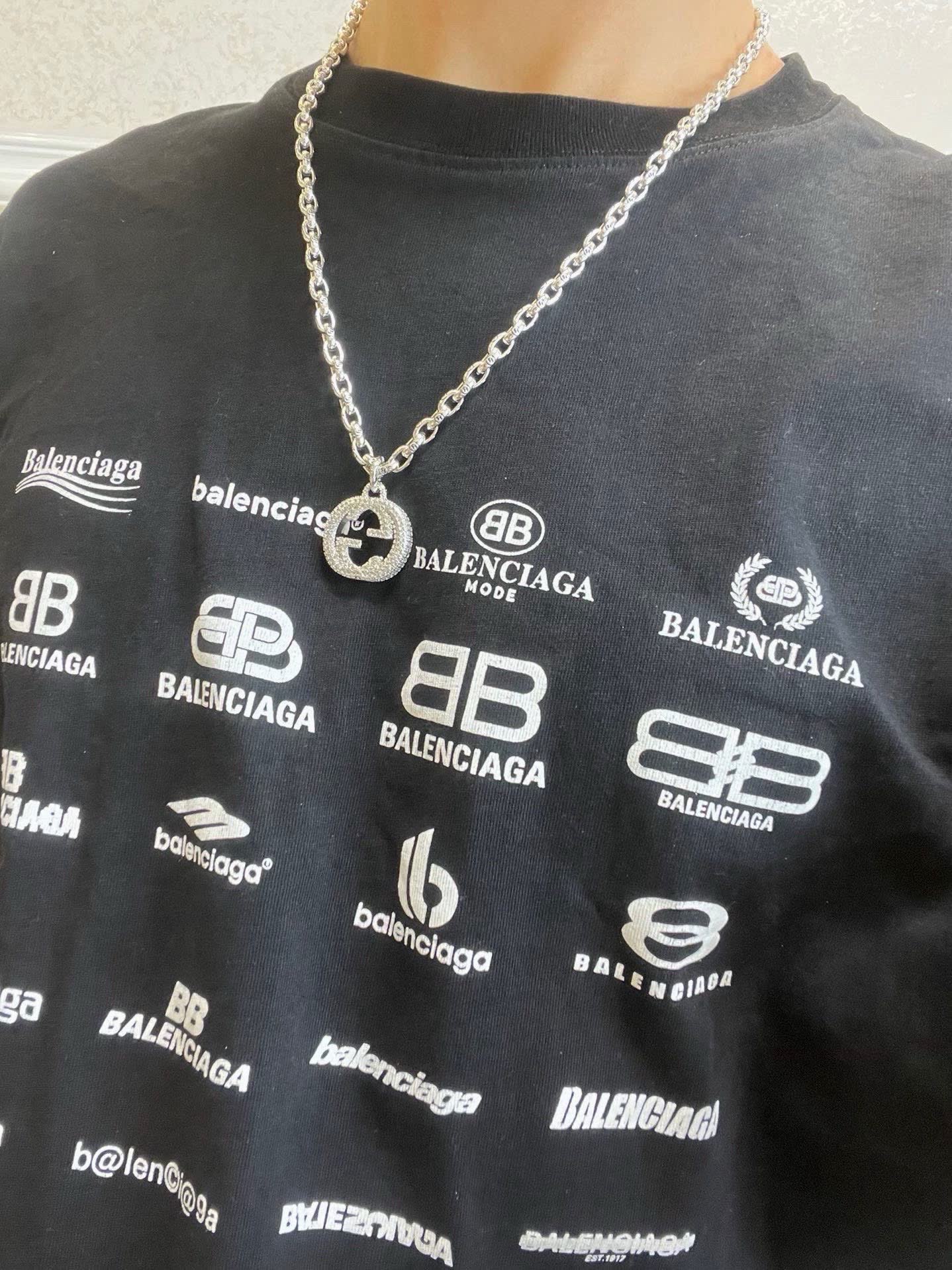 Gucci Silver Chain with Crystal-Embellished Logo Pendant