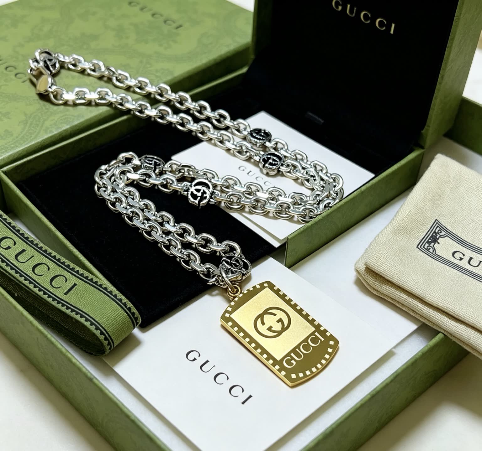 Gucci Silver Chain Necklace with Gold Tag