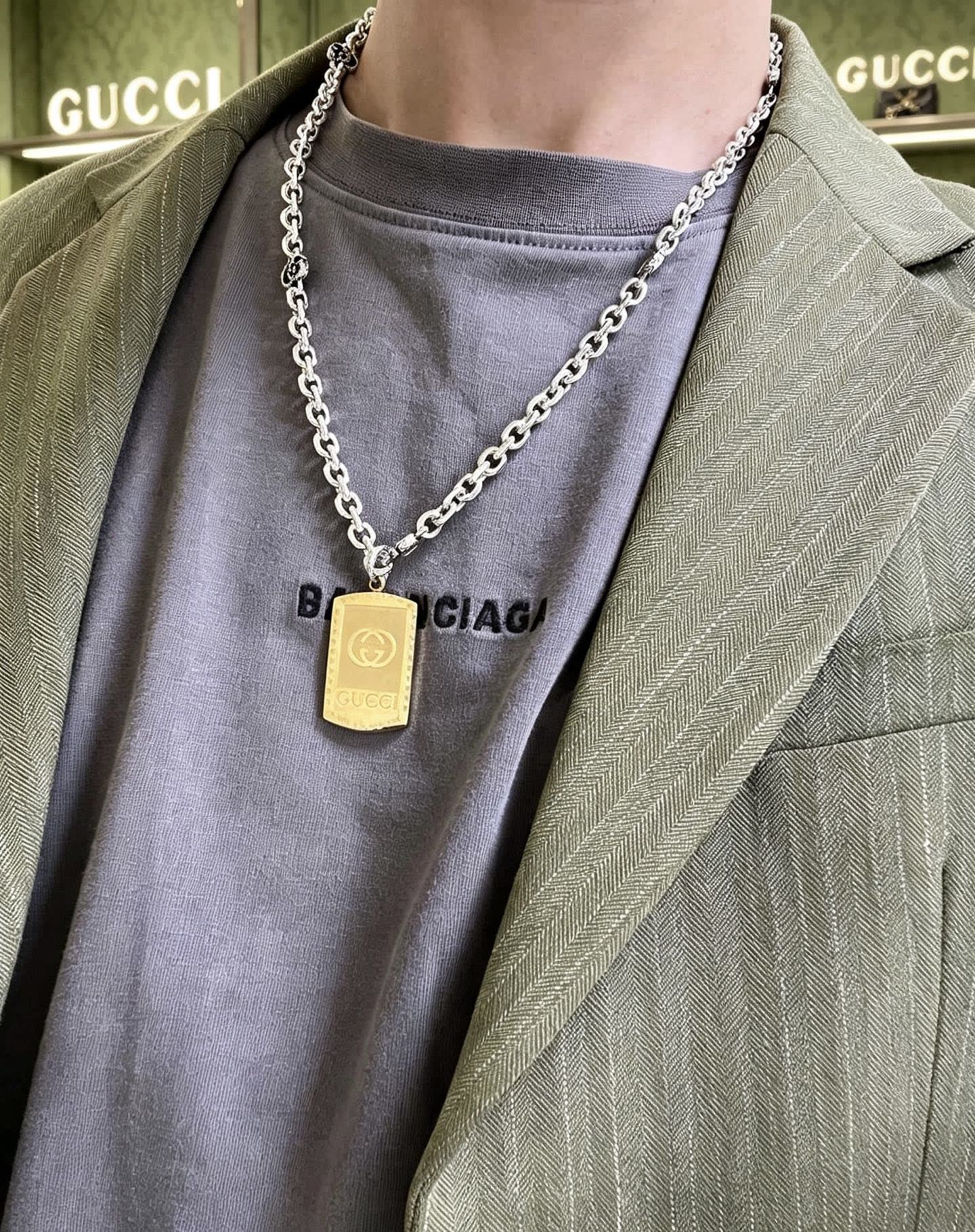 Gucci Silver Chain Necklace with Gold Tag