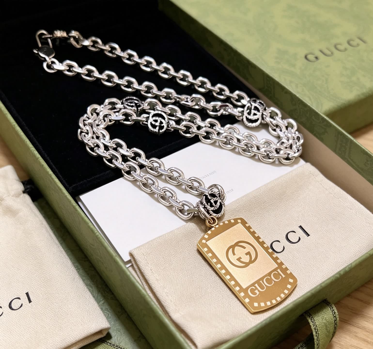 Gucci Silver Chain Necklace with Gold Tag