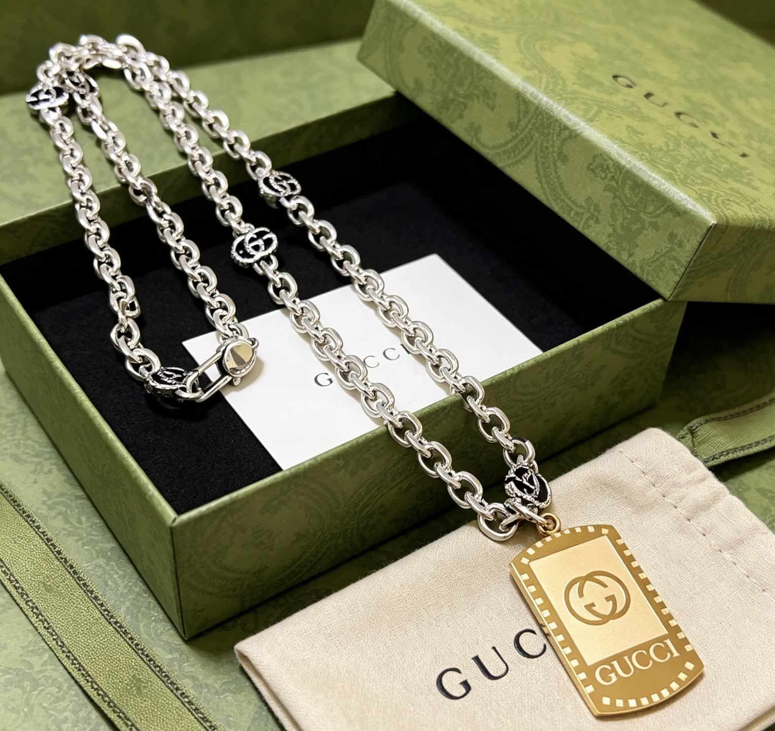Gucci Silver Chain Necklace with Gold Tag