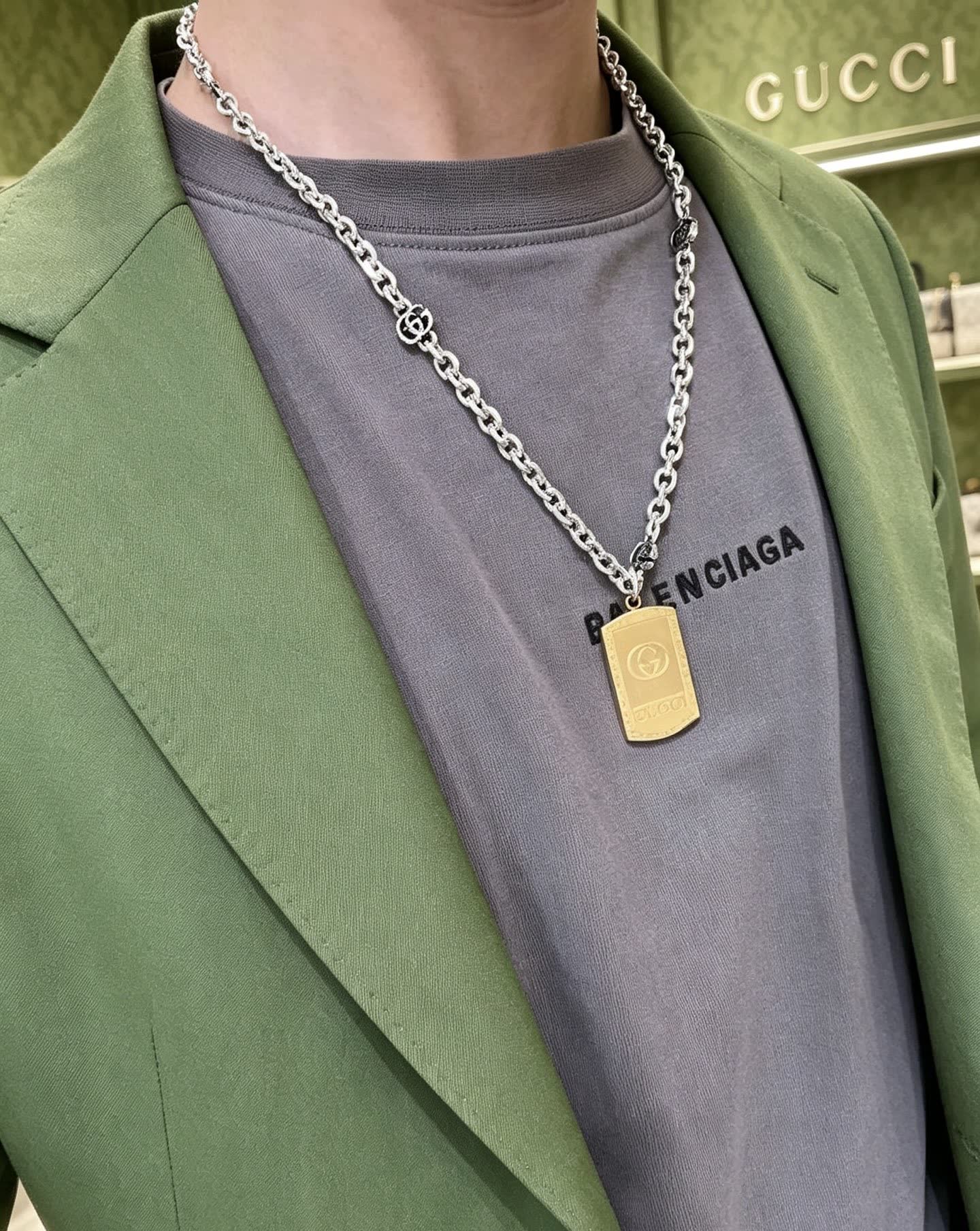 Gucci Silver Chain Necklace with Gold Tag