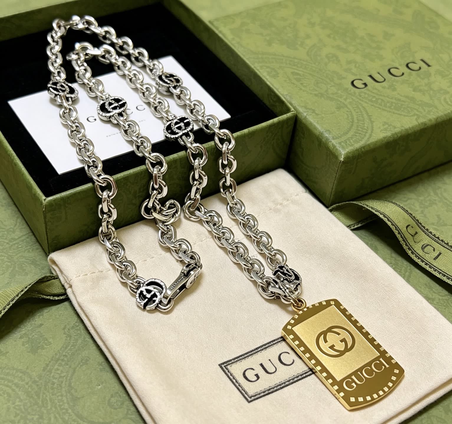 Gucci Silver Chain Necklace with Gold Tag