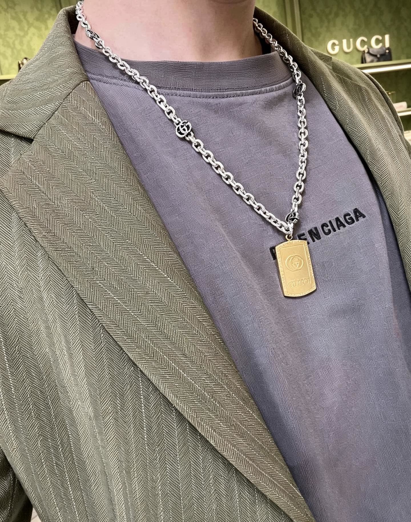Gucci Silver Chain Necklace with Gold Tag