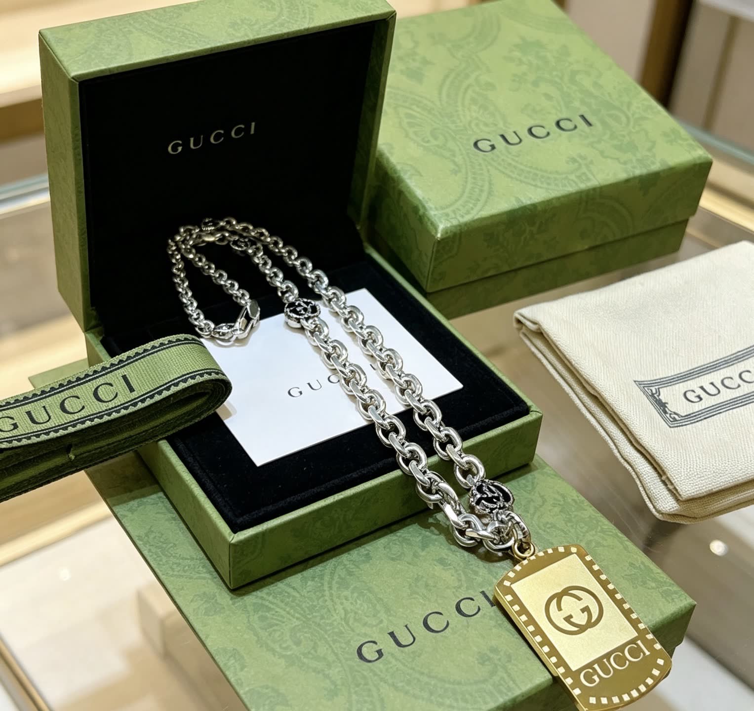 Gucci Silver Chain Necklace with Gold Tag