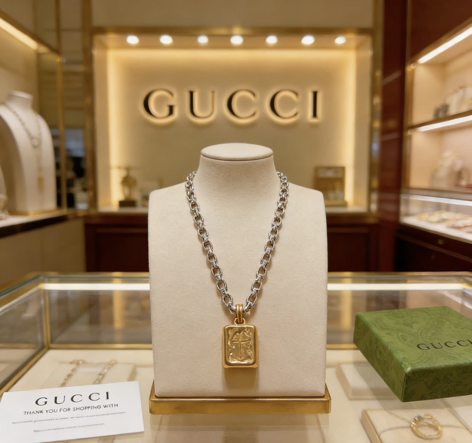 Gucci Silver Chain with Gold Medallion Necklace