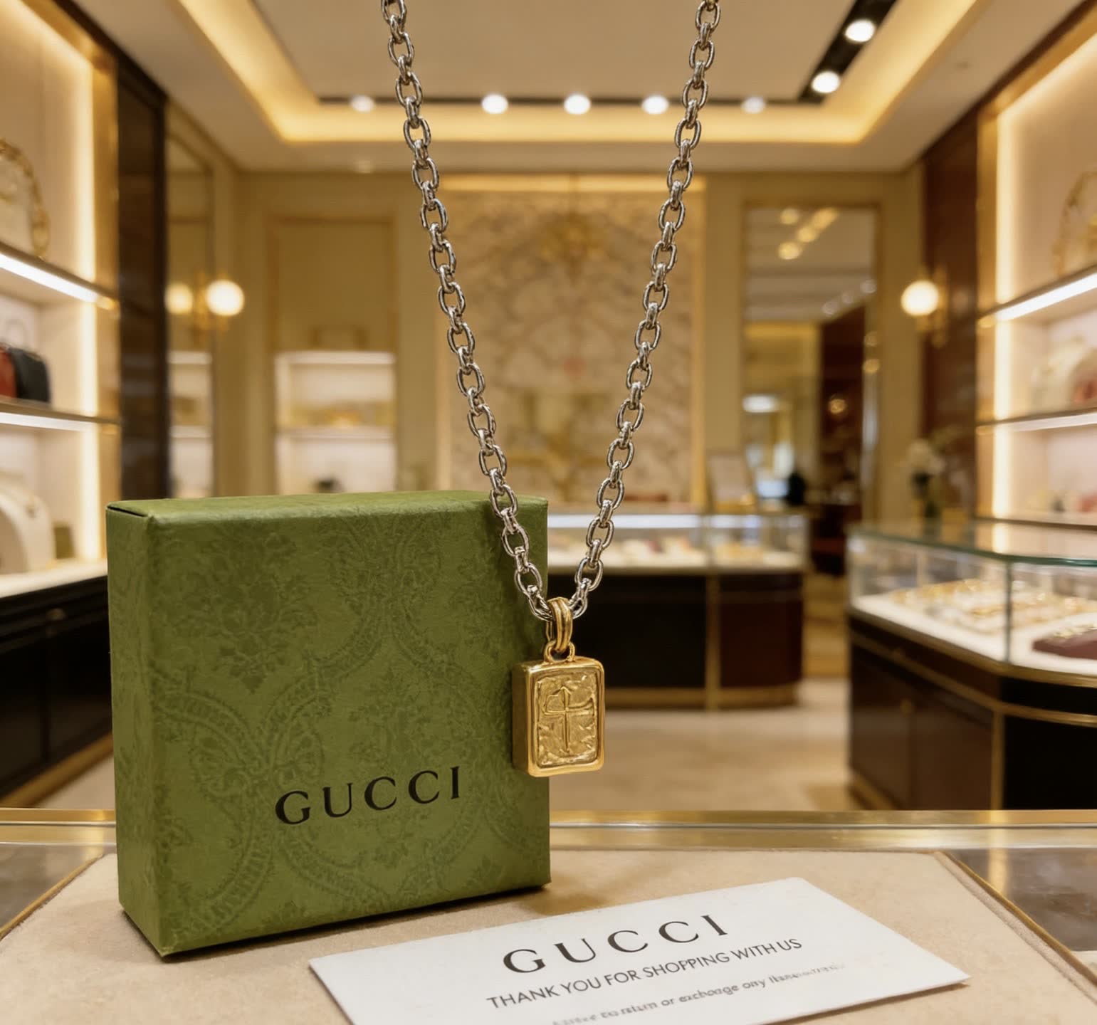 Gucci Silver Chain with Gold Medallion Necklace