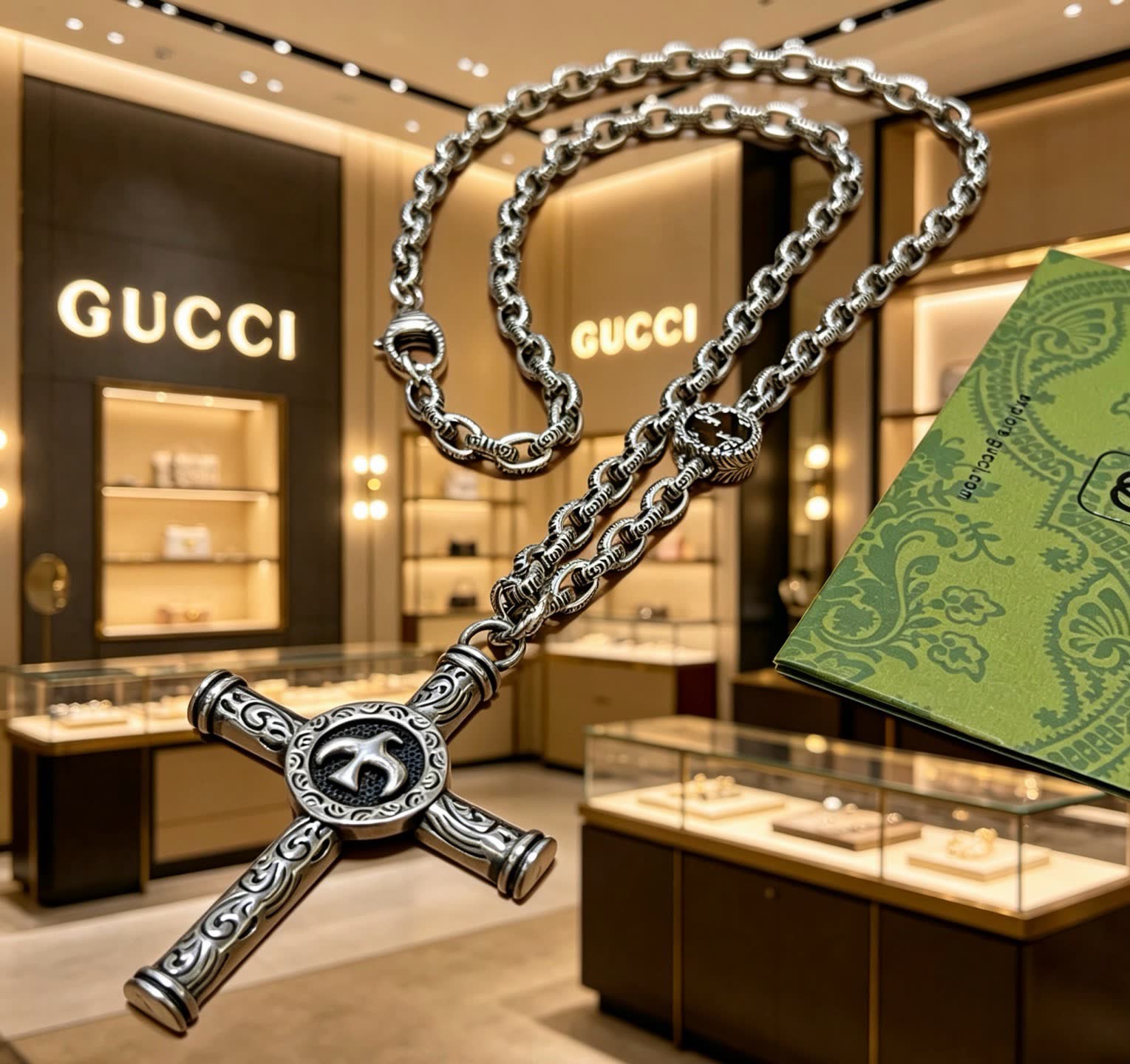 Gucci Silver Cross Pendant Necklace