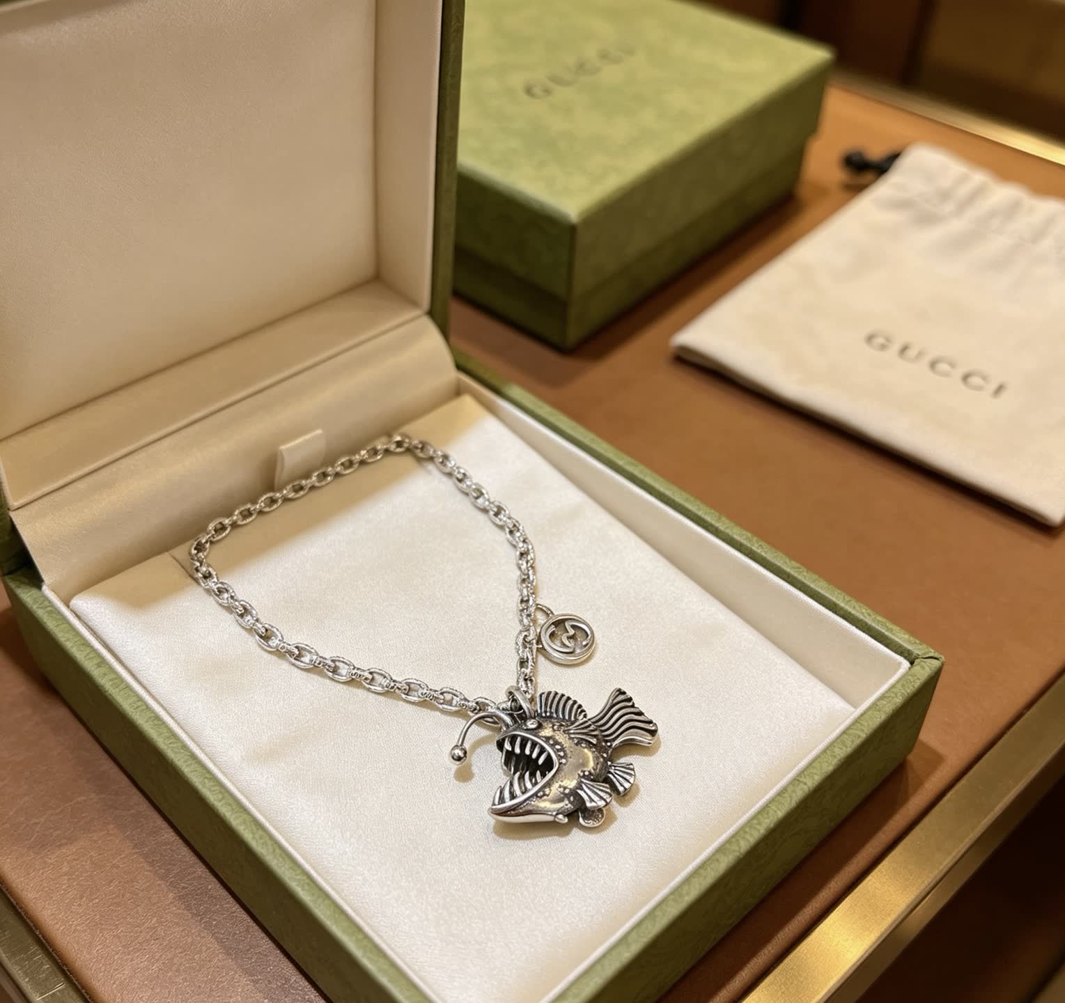 Gucci Silver Fish Pendant Necklace