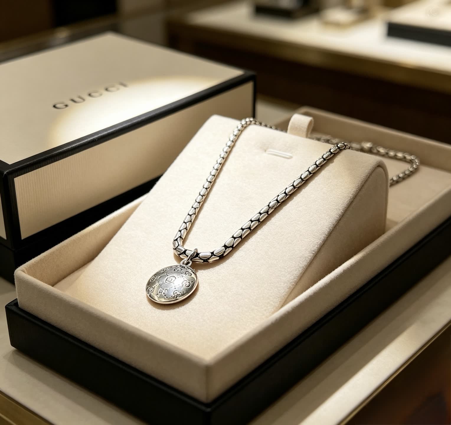 Gucci Silver Chain Necklace with Round Pendant