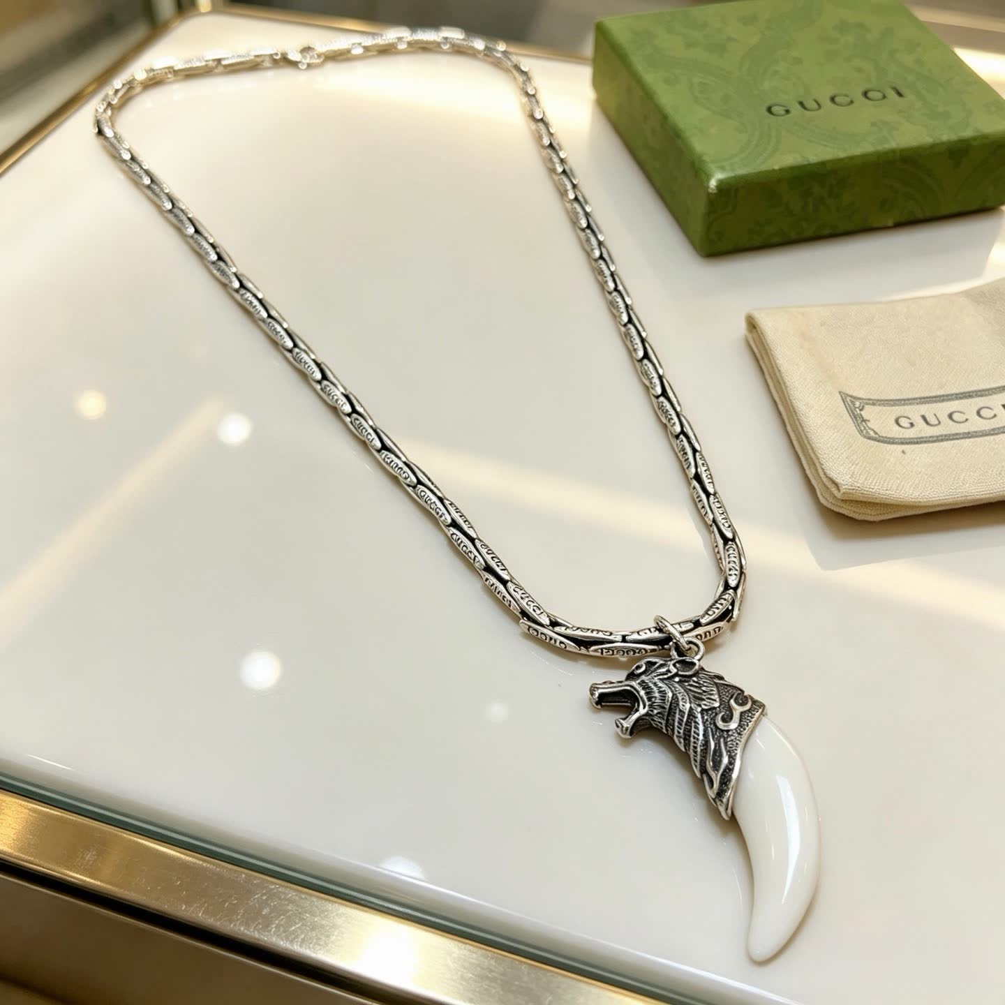 Gucci Silver Wolf Head and Tusk Pendant Necklace
