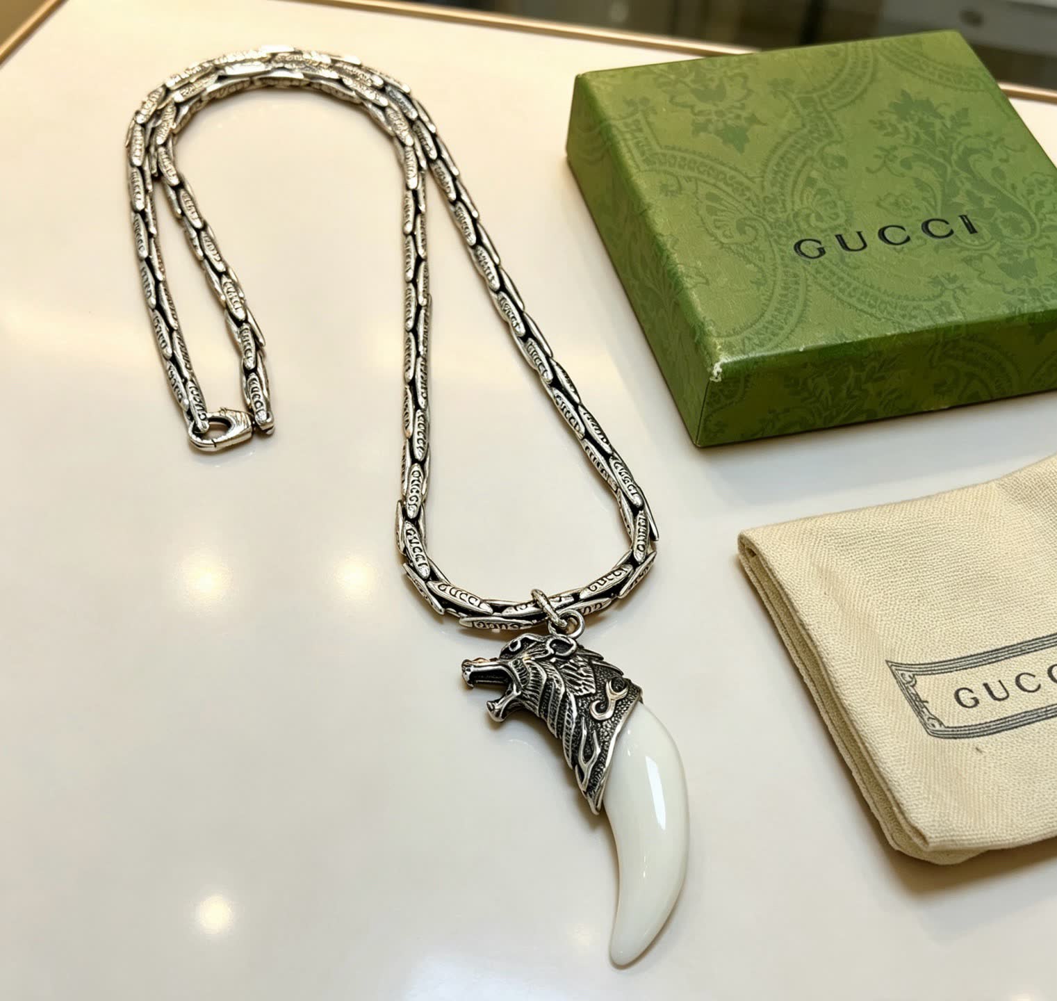 Gucci Silver Wolf Head and Tusk Pendant Necklace