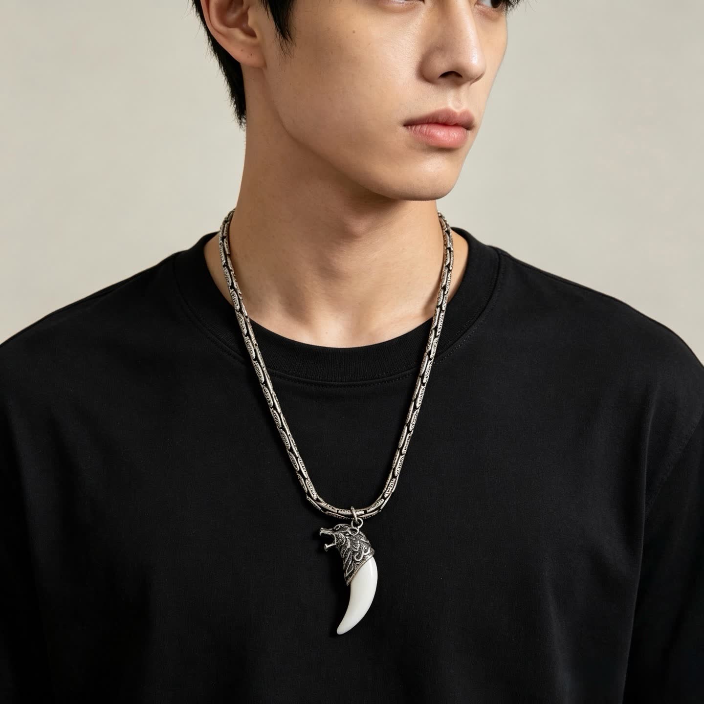 Gucci Silver Wolf Head and Tusk Pendant Necklace