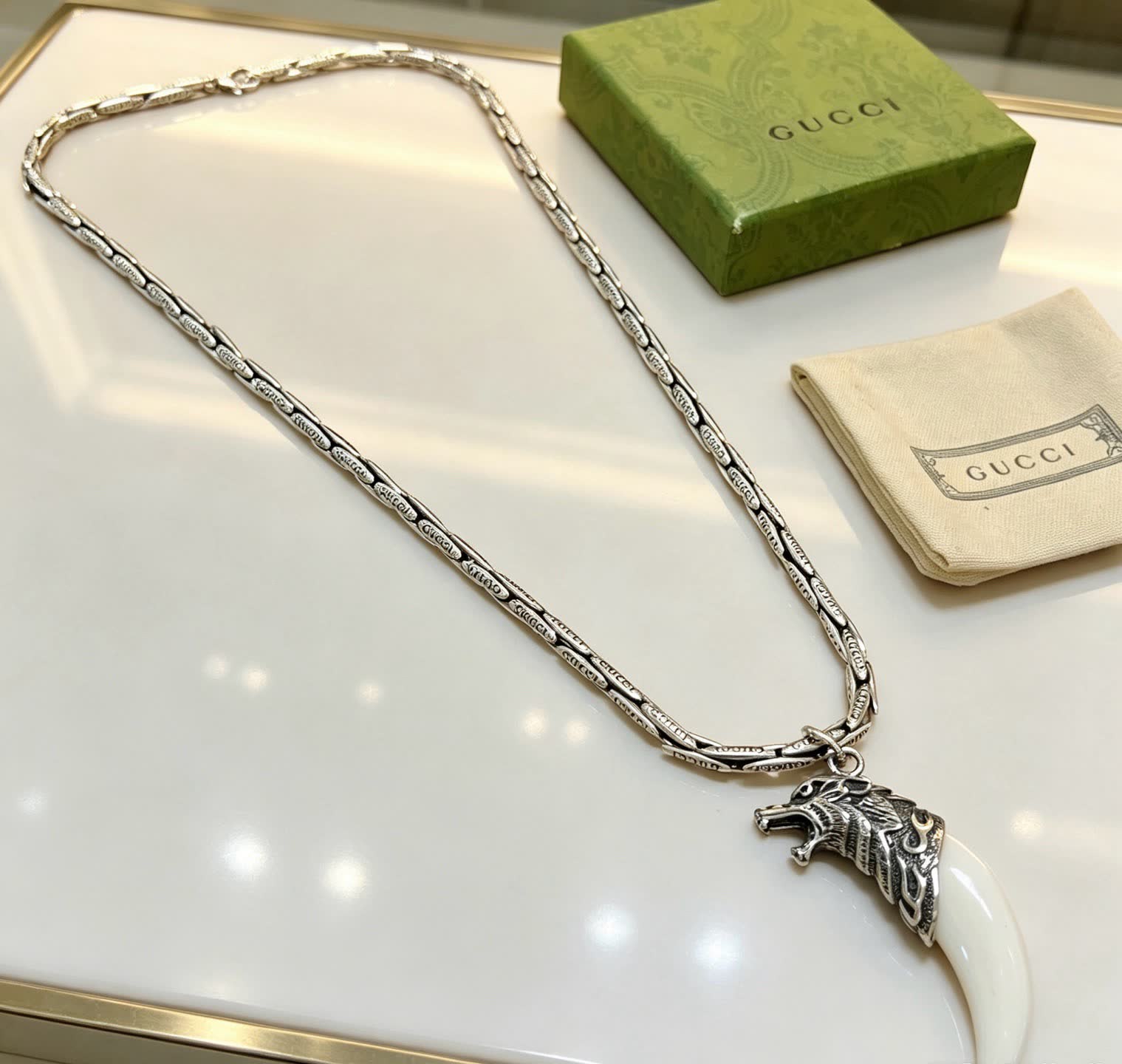 Gucci Silver Wolf Head and Tusk Pendant Necklace