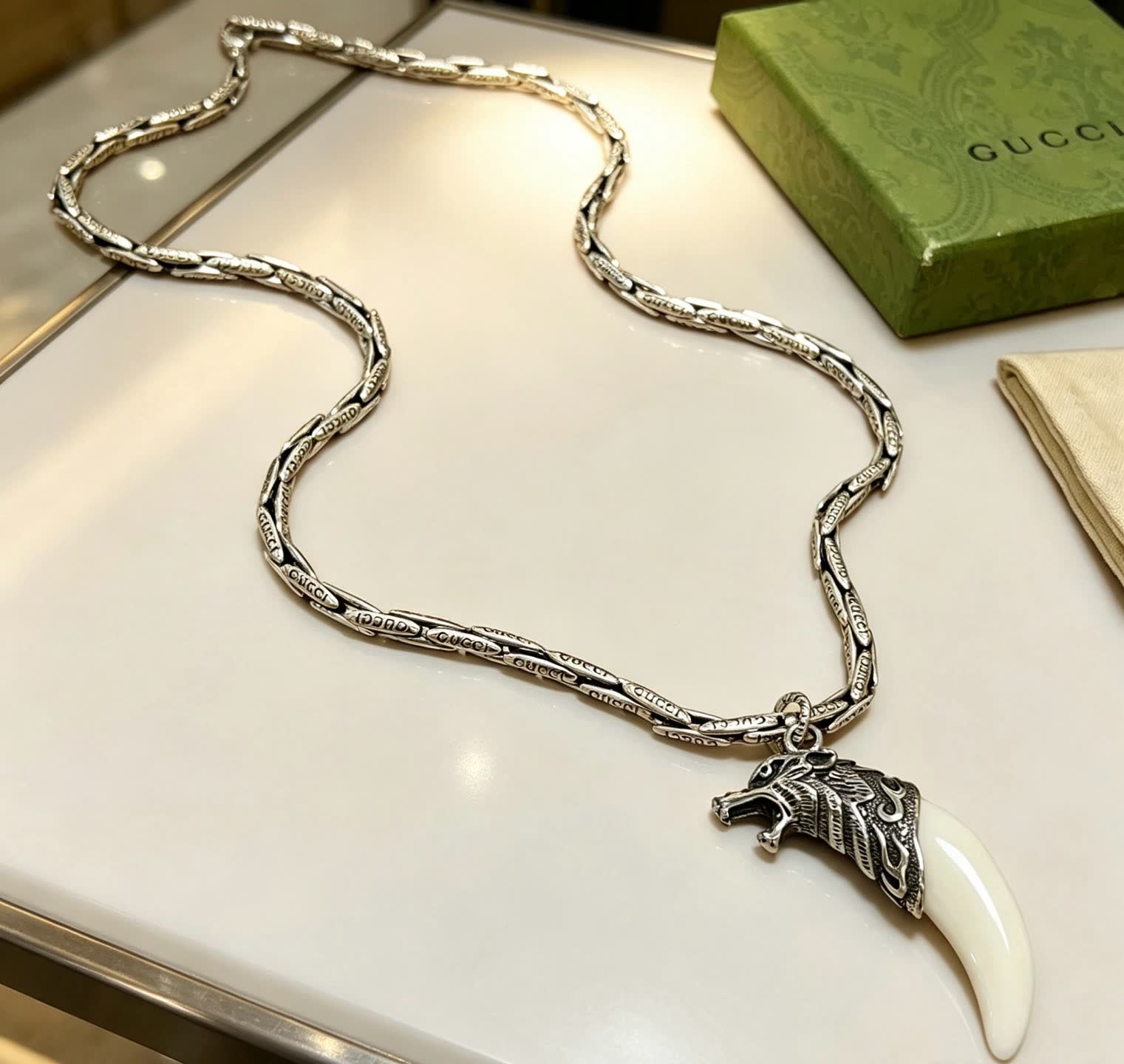 Gucci Silver Wolf Head and Tusk Pendant Necklace