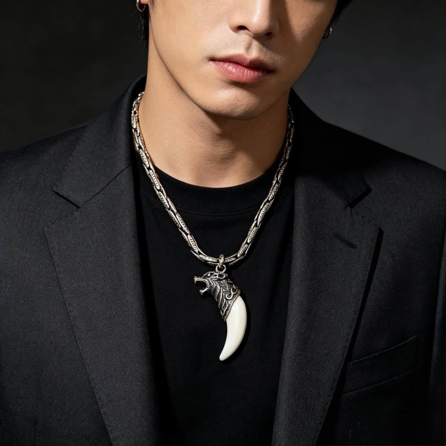 Gucci Silver Wolf Head and Tusk Pendant Necklace