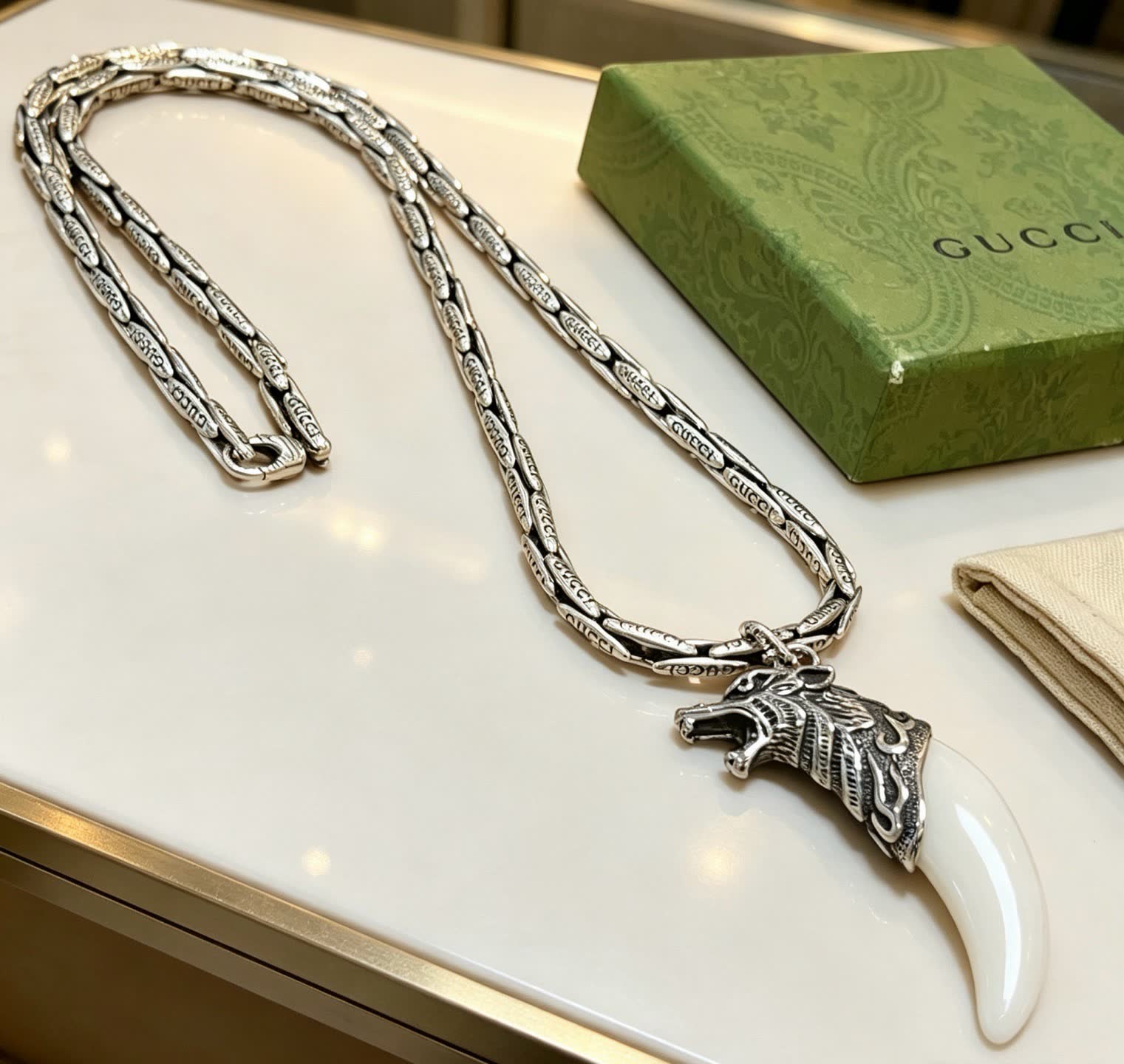 Gucci Silver Wolf Head and Tusk Pendant Necklace