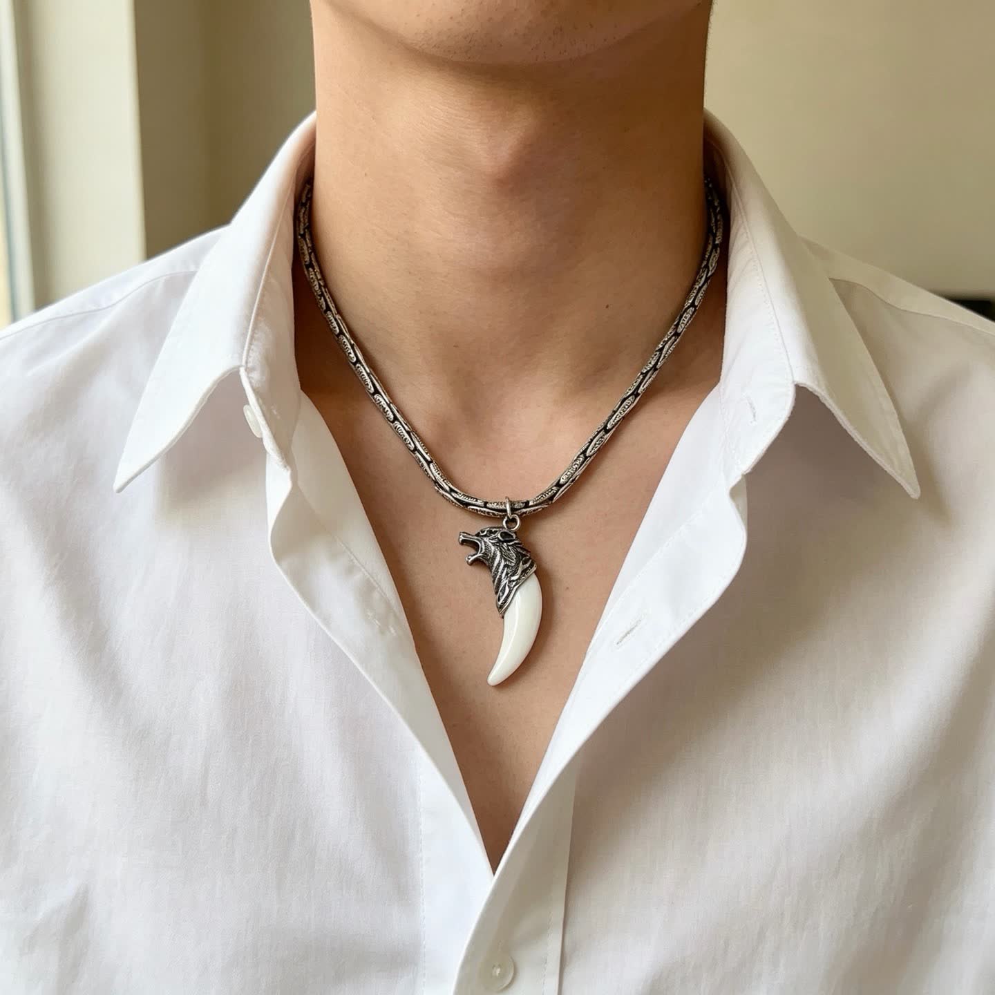 Gucci Silver Wolf Head and Tusk Pendant Necklace
