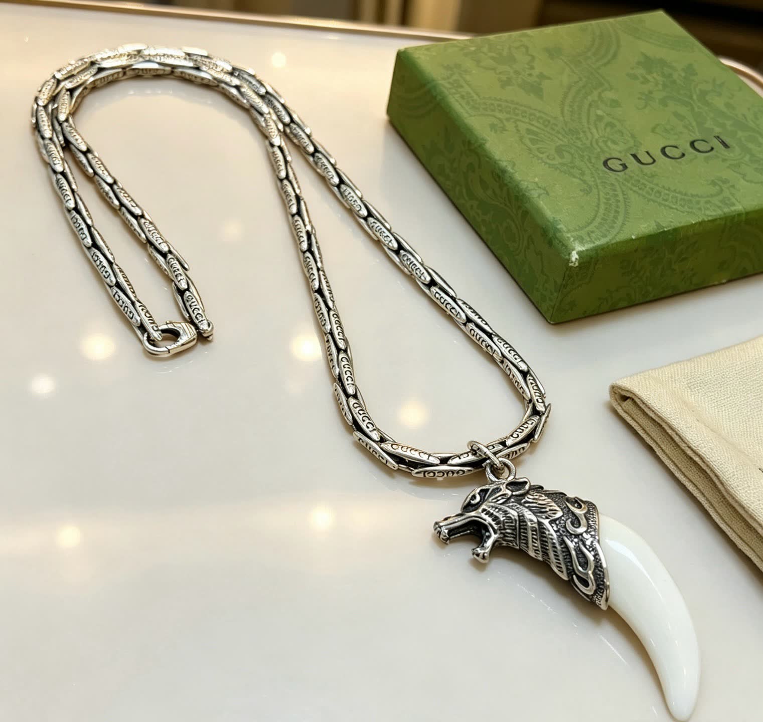 Gucci Silver Wolf Head and Tusk Pendant Necklace