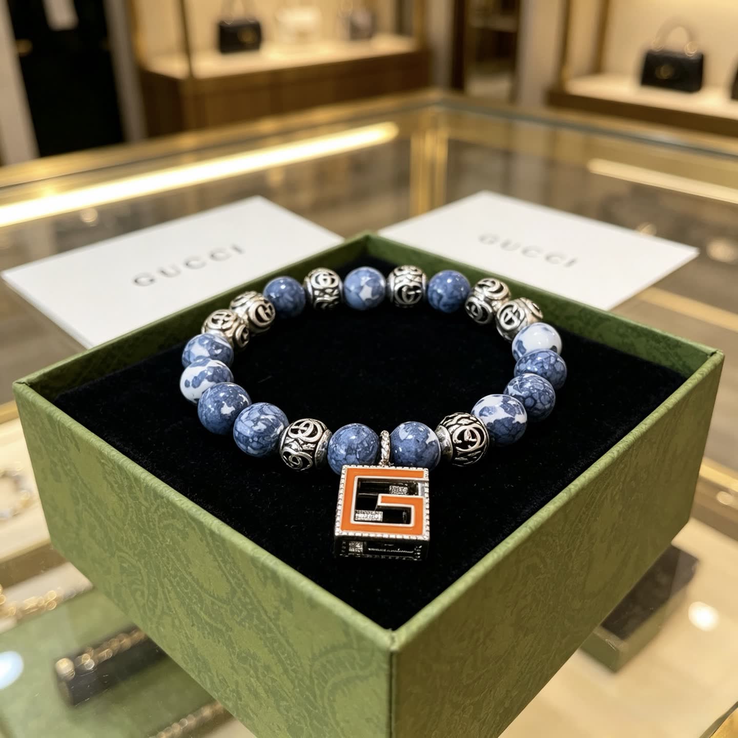 Gucci Blue Beaded Bracelet with G Pendant