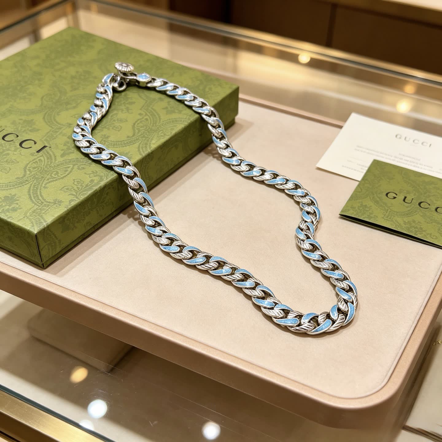 Gucci Silver Blue Enamel Chain Necklace