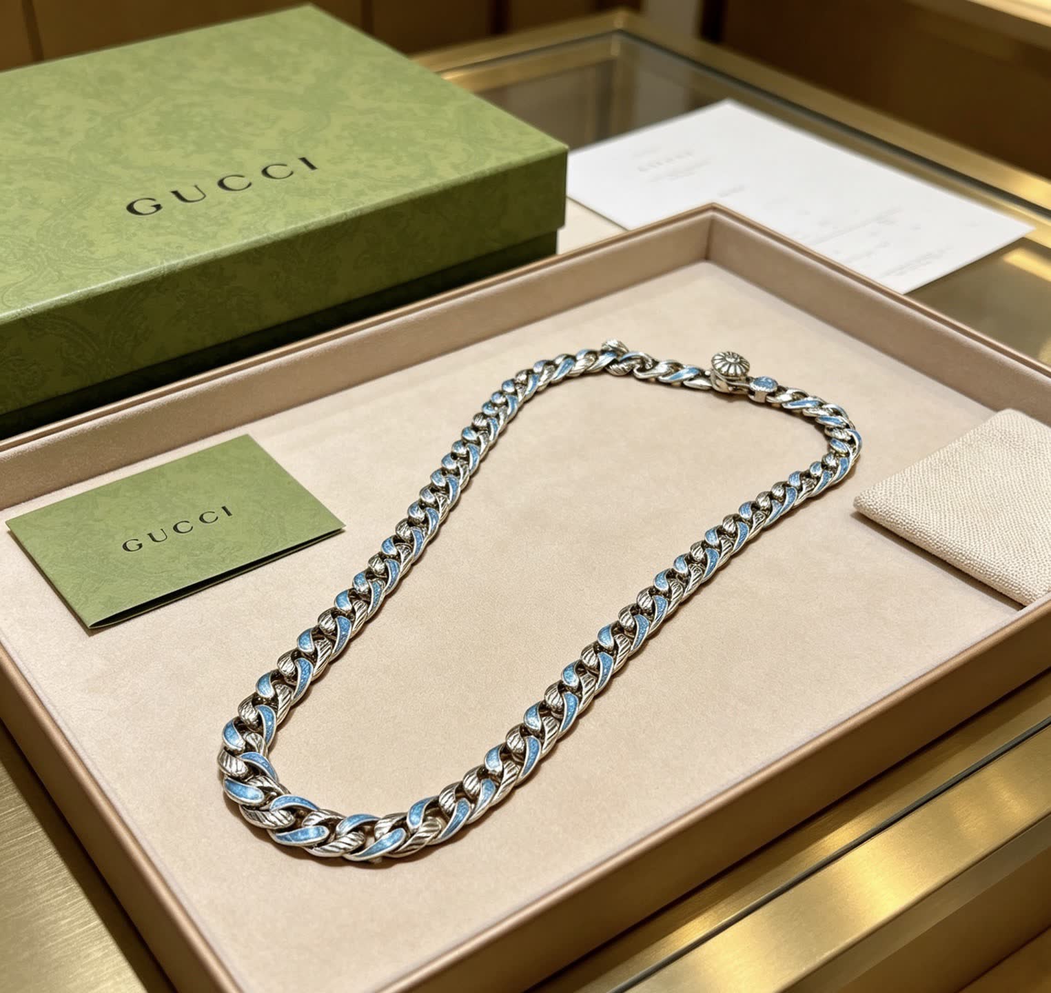 Gucci Silver Blue Enamel Chain Necklace
