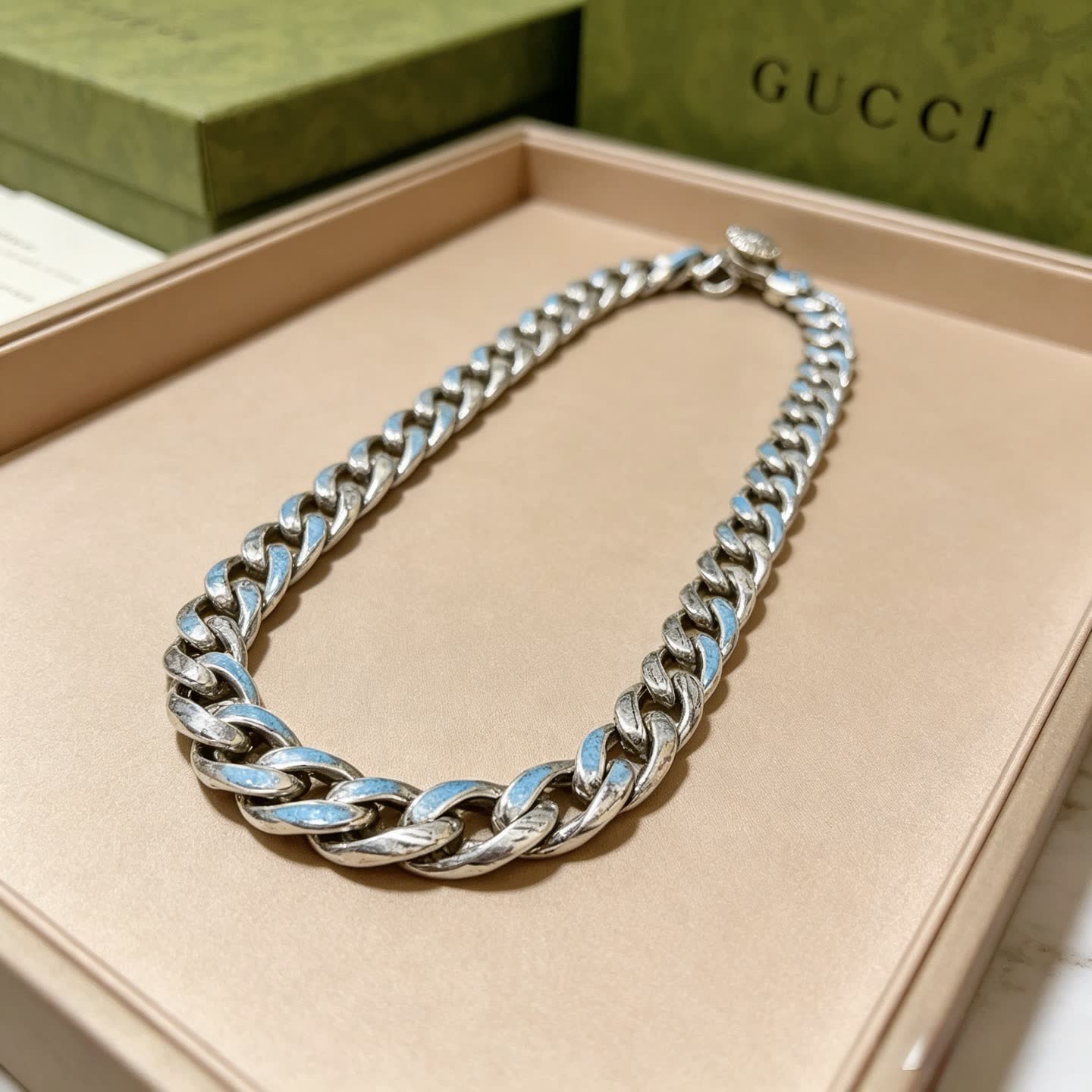 Gucci Silver Blue Enamel Chain Necklace