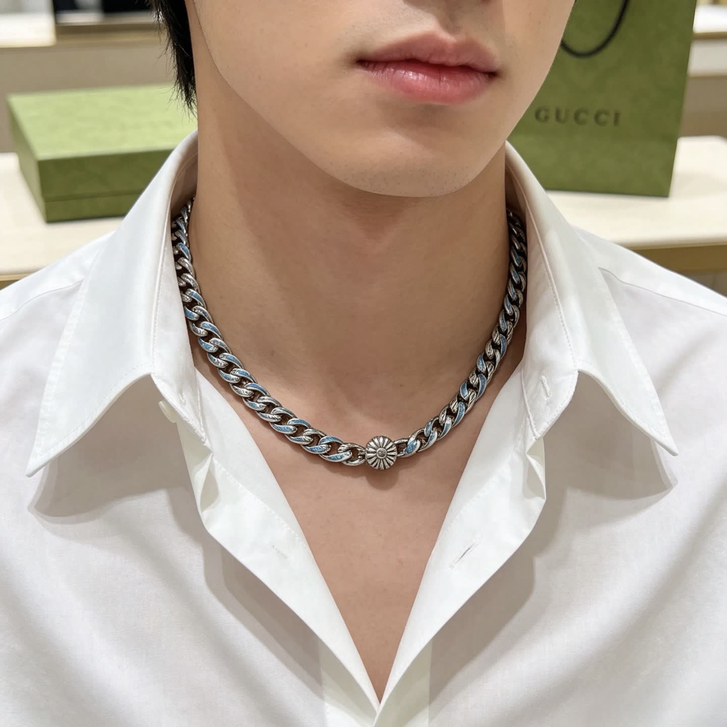 Gucci Silver Blue Enamel Chain Necklace