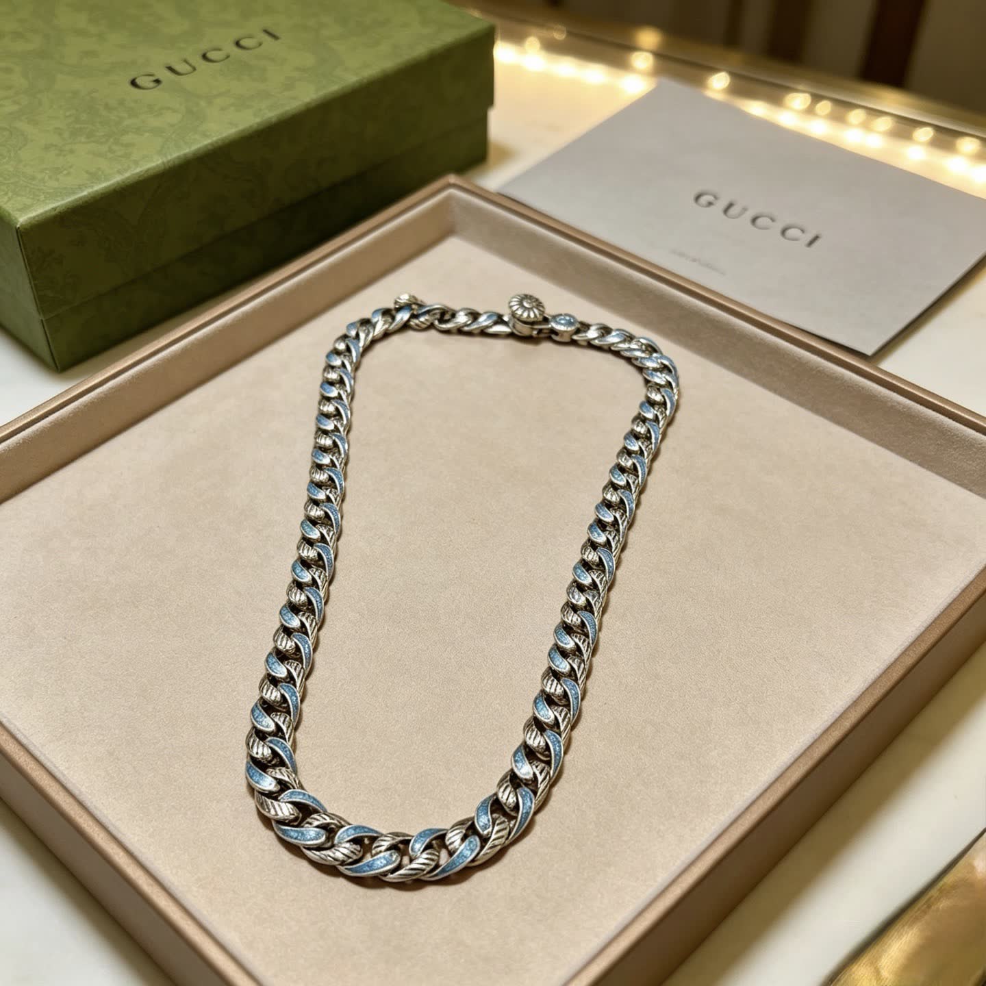 Gucci Silver Blue Enamel Chain Necklace
