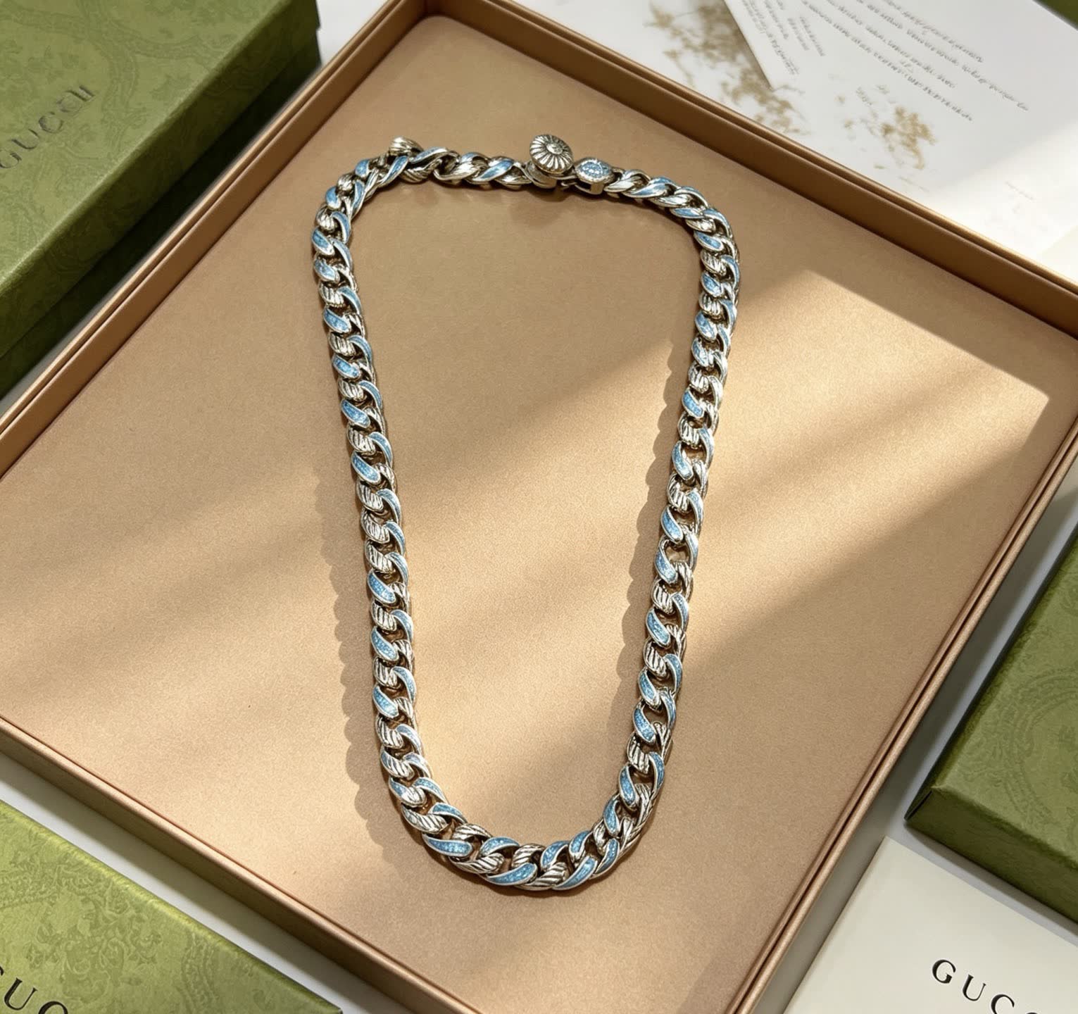 Gucci Silver Blue Enamel Chain Necklace
