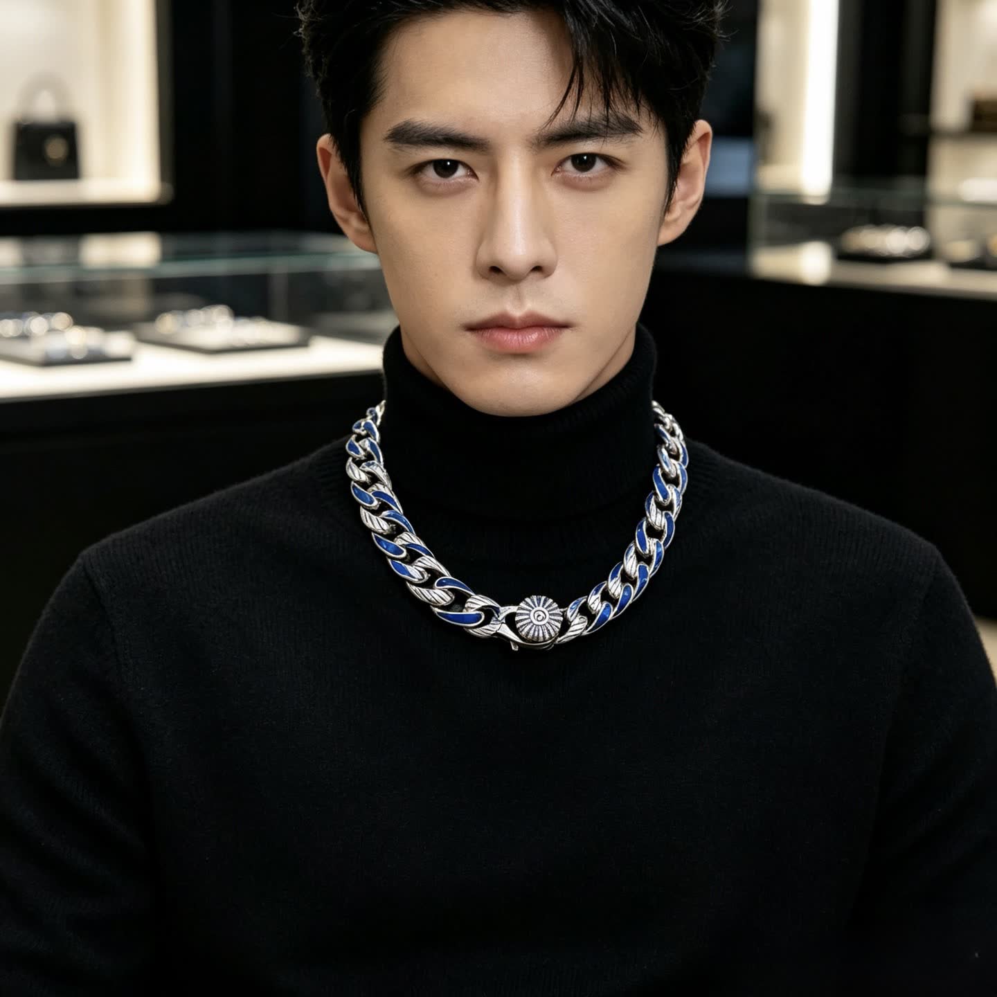 Gucci Silver Blue Enamel Chain Necklace