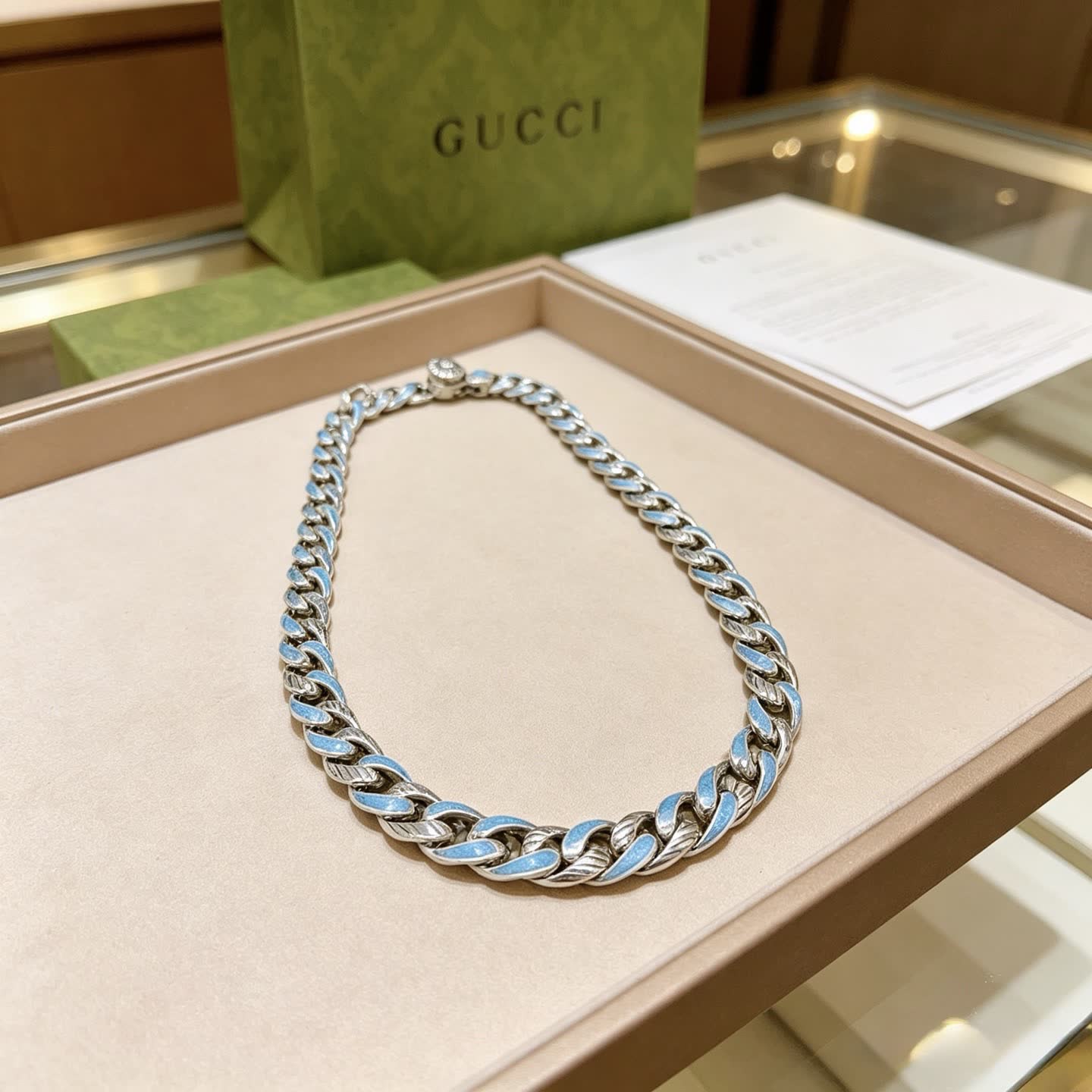 Gucci Silver Blue Enamel Chain Necklace