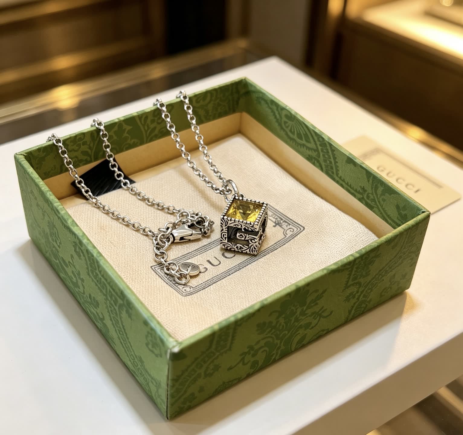 Gucci Silver Tone Yellow Crystal Pendant Necklace