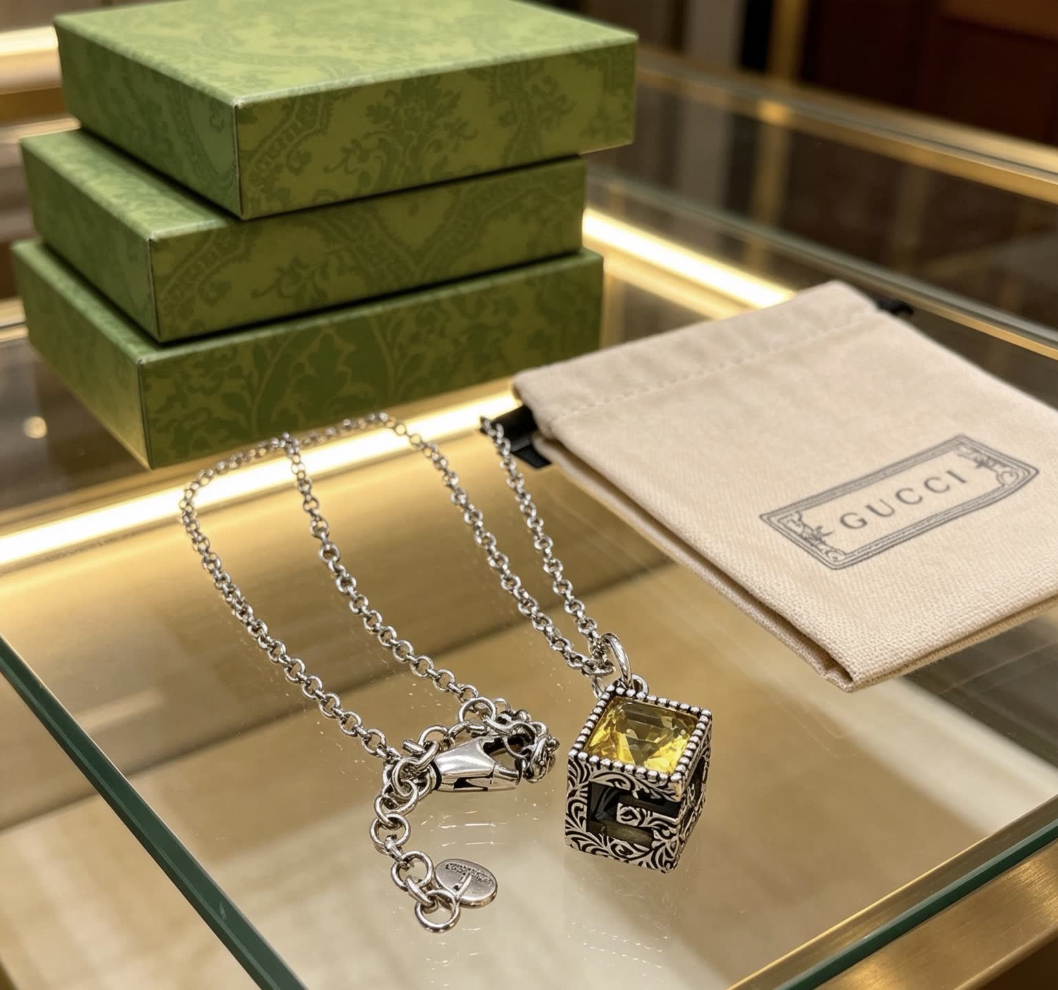 Gucci Silver Tone Yellow Crystal Pendant Necklace