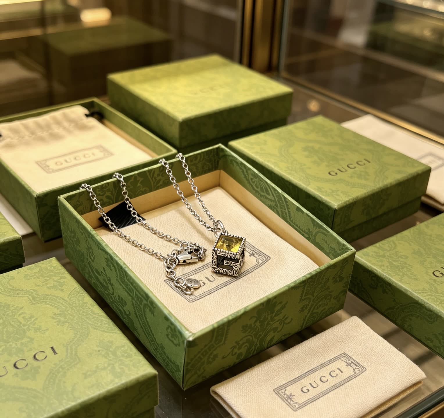 Gucci Silver Tone Yellow Crystal Pendant Necklace