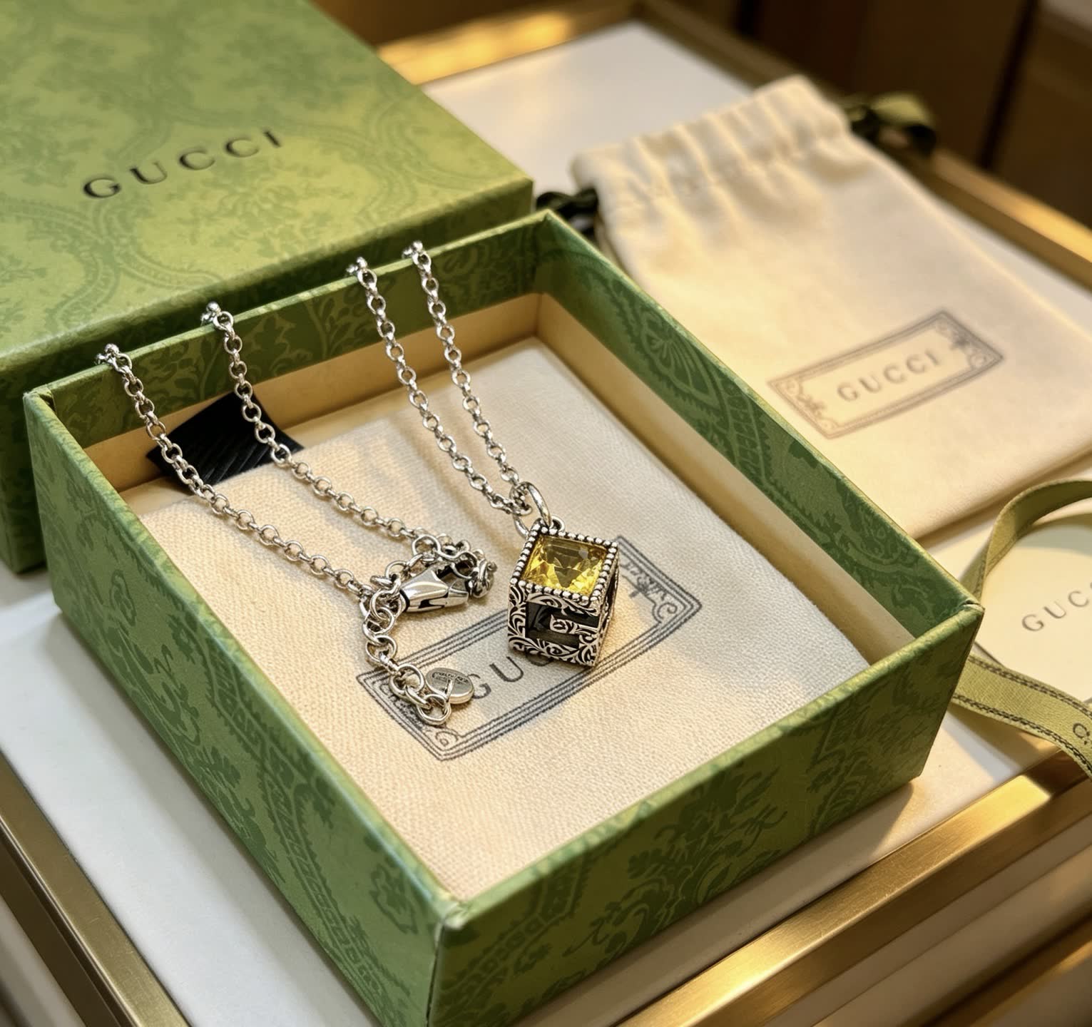 Gucci Silver Tone Yellow Crystal Pendant Necklace